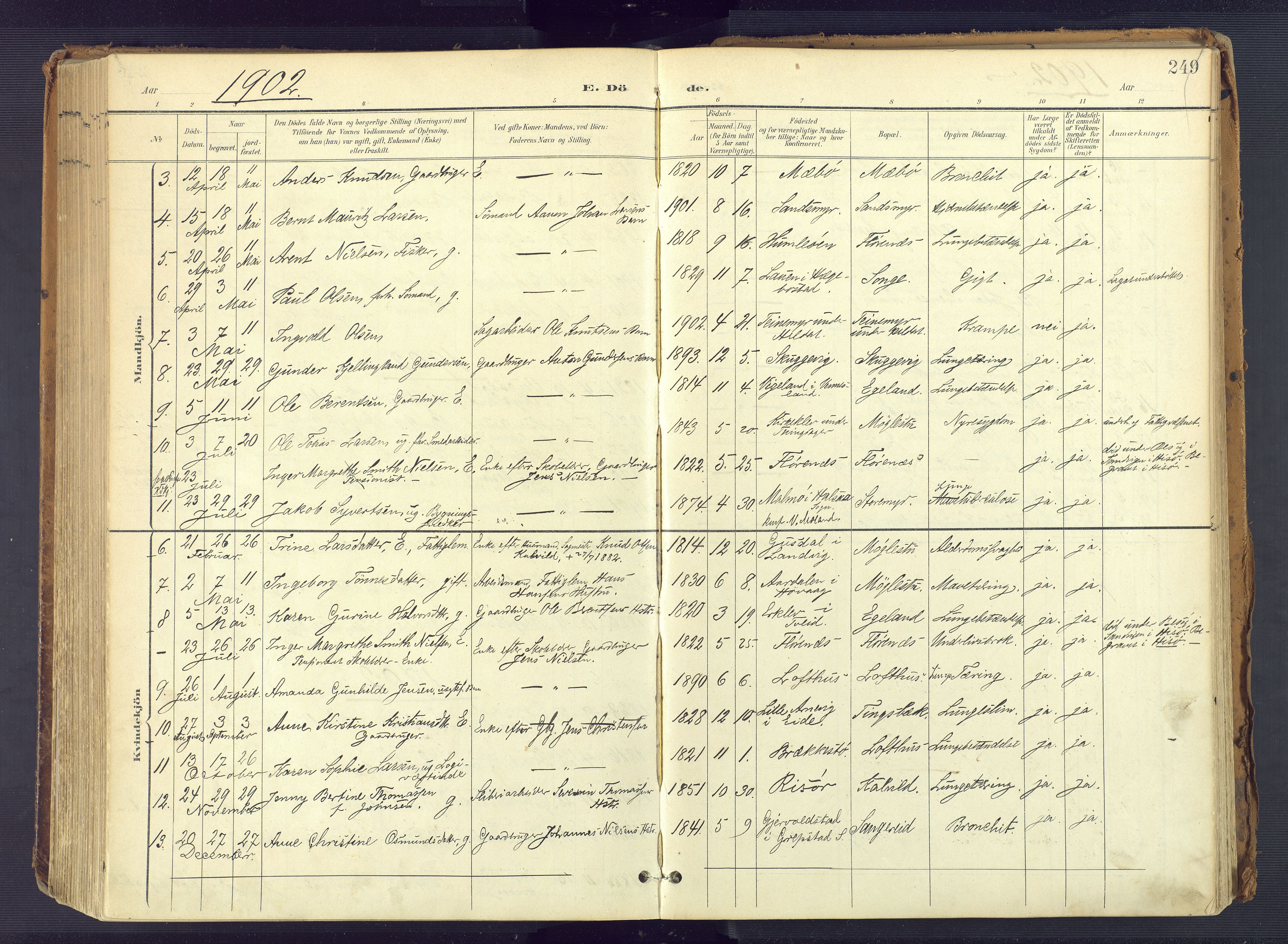Vestre Moland sokneprestkontor, SAK/1111-0046/F/Fa/Fab/L0010: Parish register (official) no. A 10, 1900-1926, p. 249