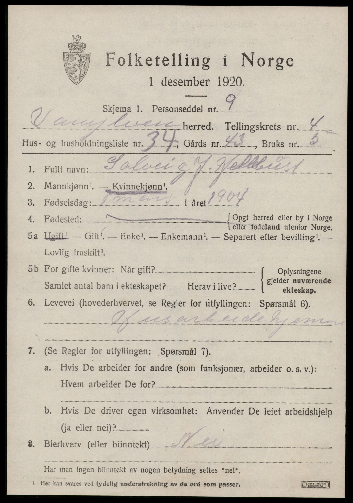 SAT, 1920 census for Vanylven, 1920, p. 3269