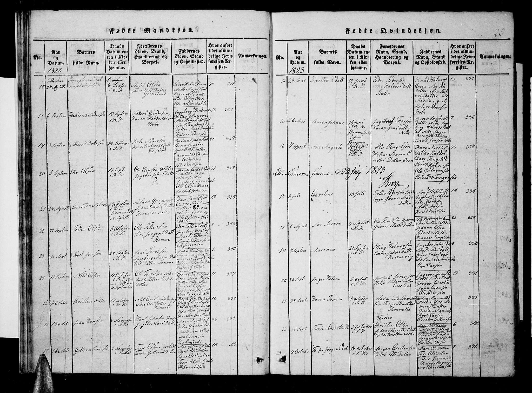 Søndeled sokneprestkontor, AV/SAK-1111-0038/F/Fb/L0002: Parish register (copy) no. B 2, 1816-1839, p. 25