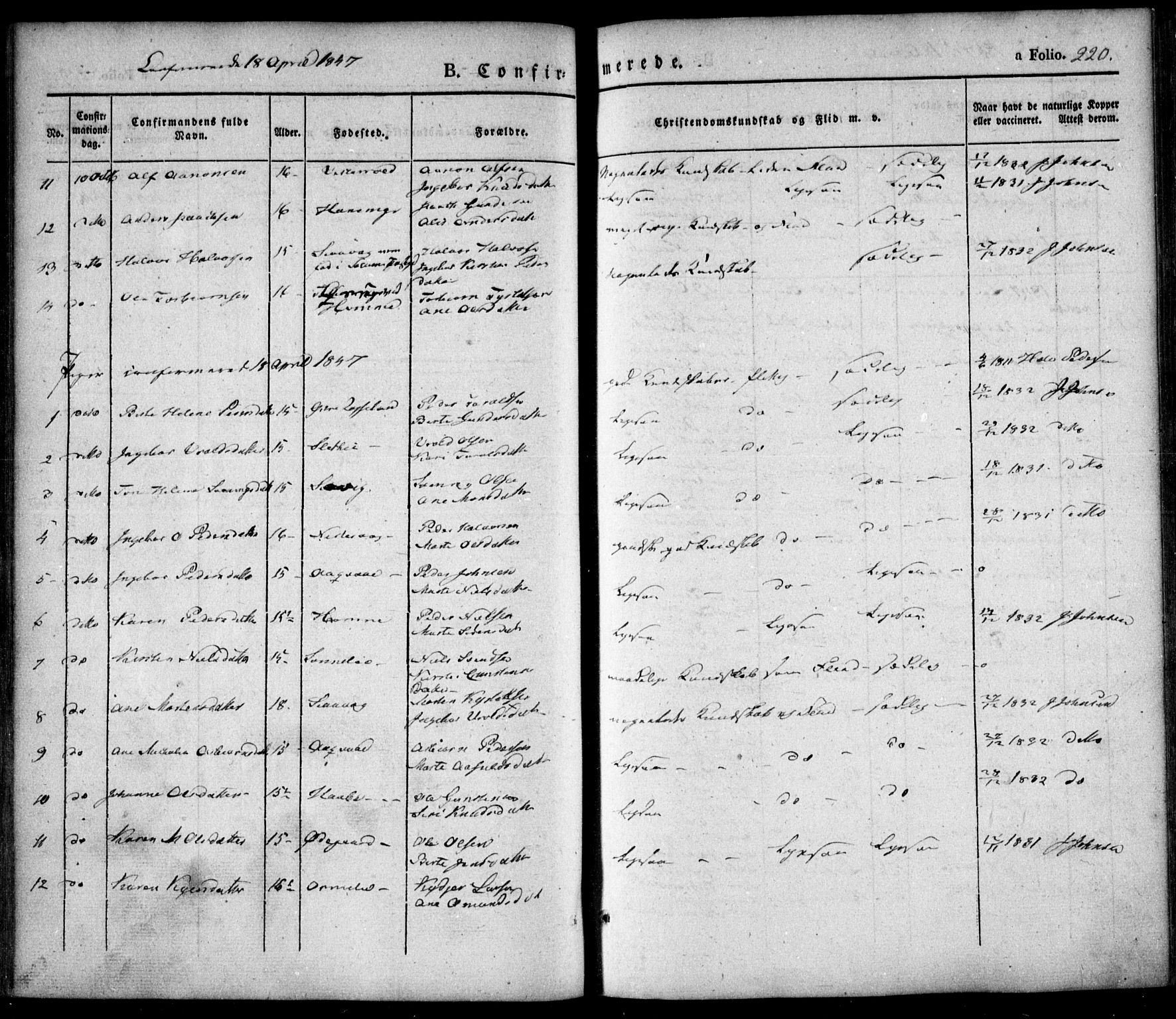 Søndeled sokneprestkontor, SAK/1111-0038/F/Fa/L0002: Parish register (official) no. A 2, 1839-1860, p. 220