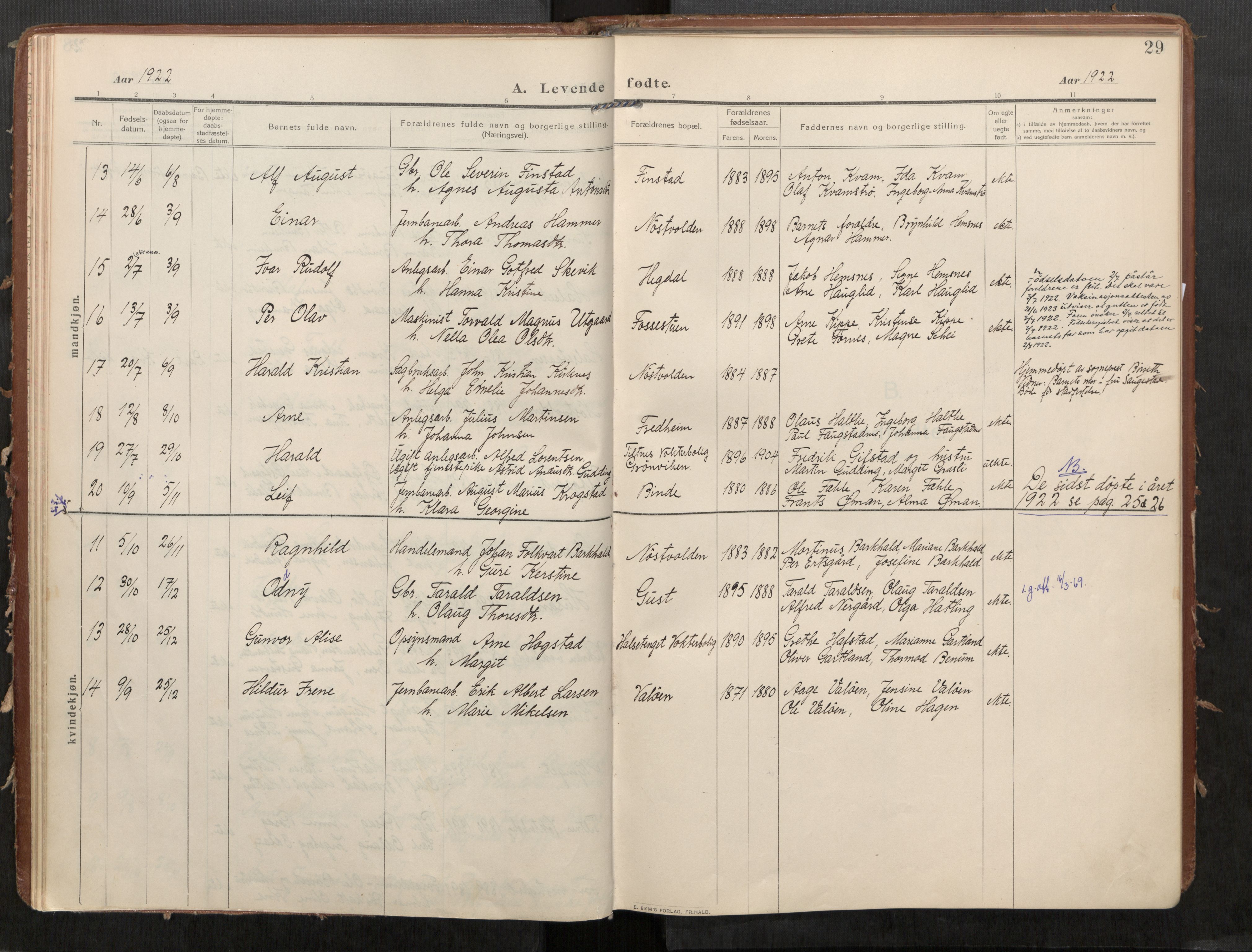 Stod sokneprestkontor, AV/SAT-A-1164/1/I/I1/I1a/L0002: Parish register (official) no. 2, 1909-1922, p. 29