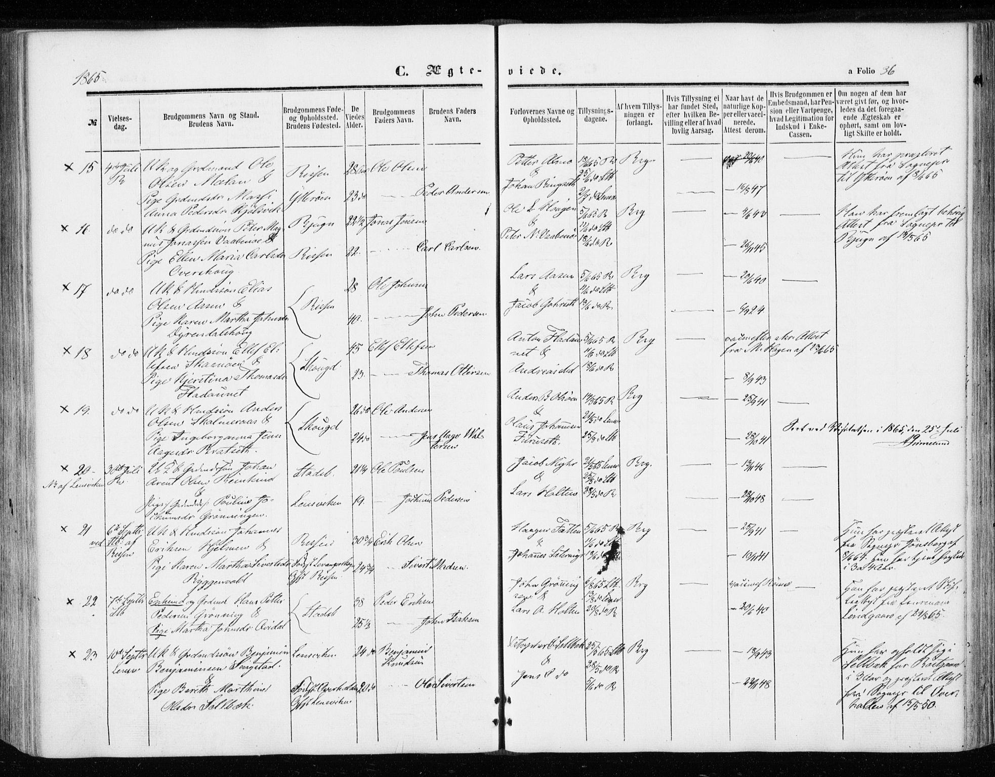 Ministerialprotokoller, klokkerbøker og fødselsregistre - Sør-Trøndelag, SAT/A-1456/646/L0612: Parish register (official) no. 646A10, 1858-1869, p. 36