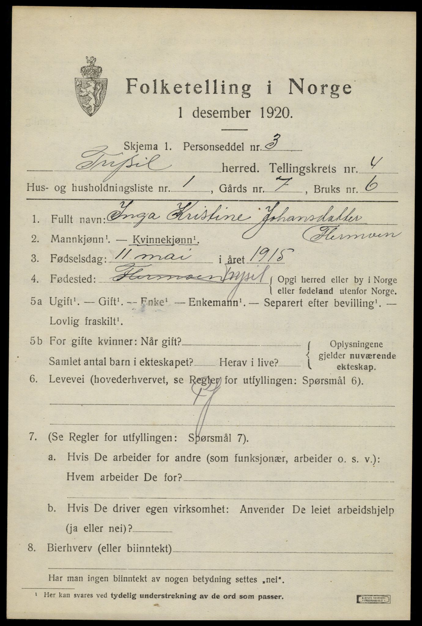 SAH, 1920 census for Trysil, 1920, p. 4085