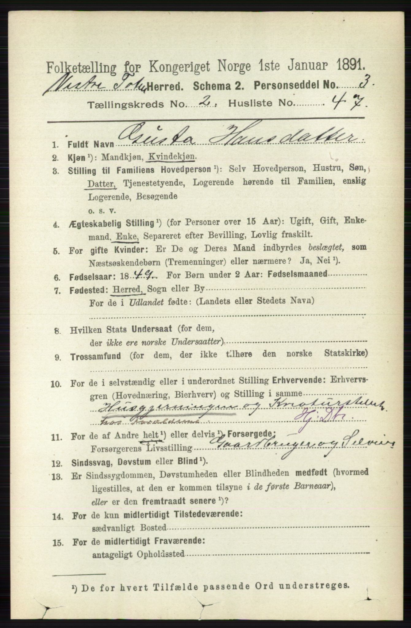 RA, 1891 census for 0529 Vestre Toten, 1891, p. 1702