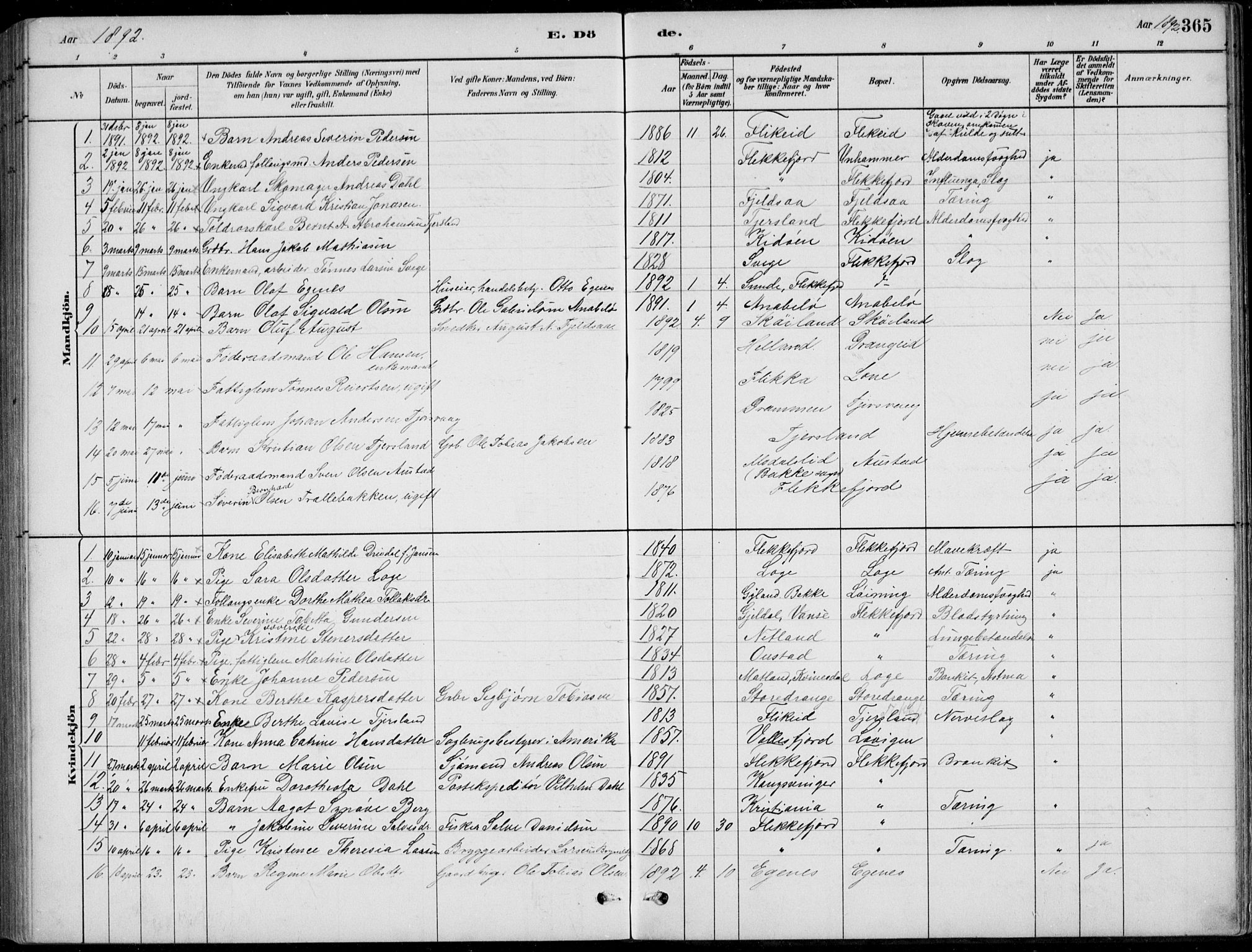 Flekkefjord sokneprestkontor, SAK/1111-0012/F/Fb/Fbc/L0007: Parish register (copy) no. B 7, 1880-1902, p. 365