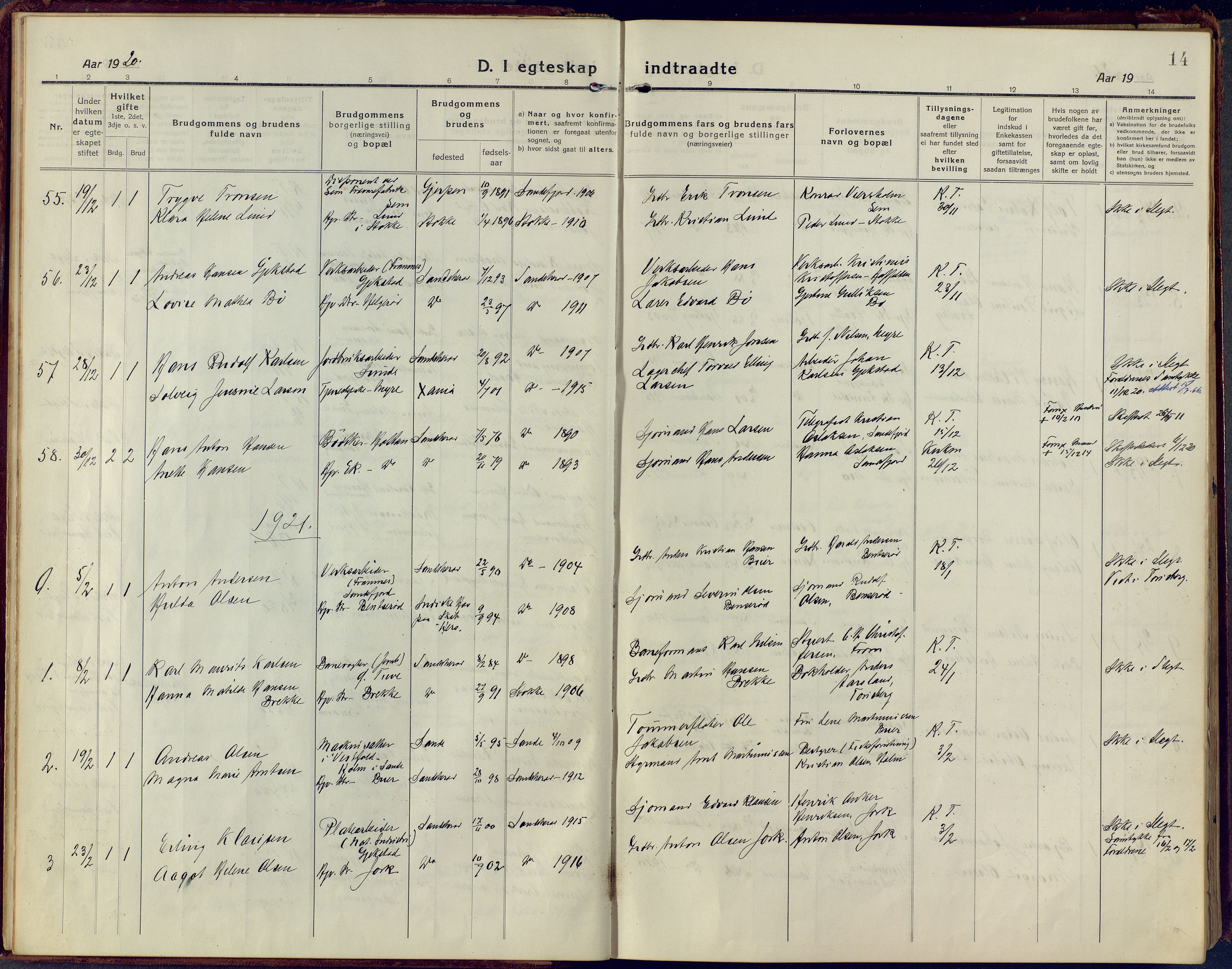 Sandar kirkebøker, SAKO/A-243/F/Fa/L0021: Parish register (official) no. 21, 1919-1925, p. 14