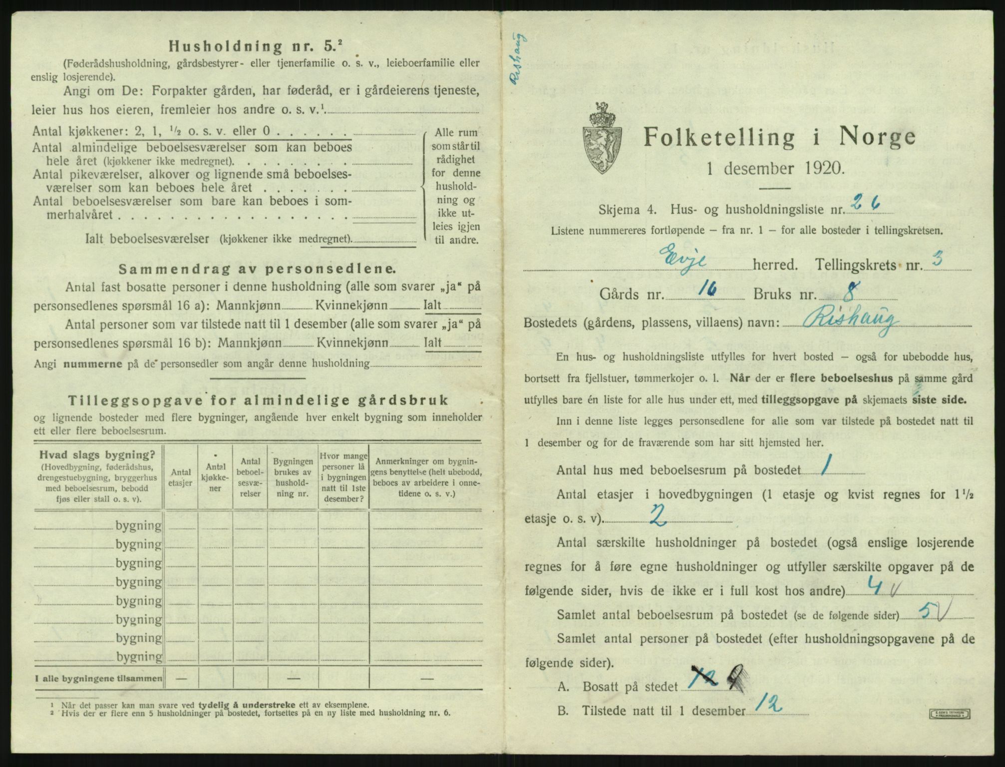 SAK, 1920 census for Evje, 1920, p. 156