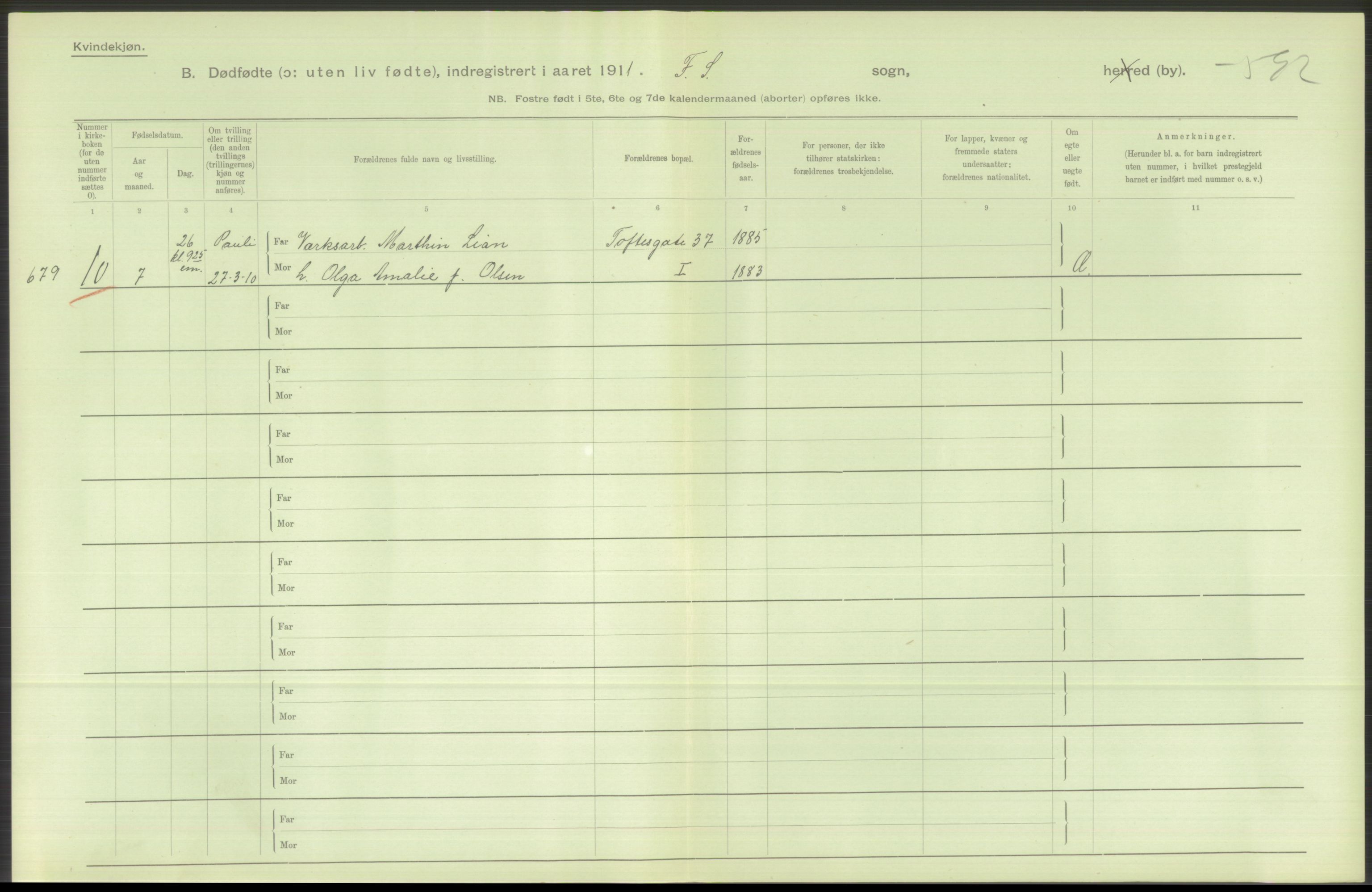 Statistisk sentralbyrå, Sosiodemografiske emner, Befolkning, RA/S-2228/D/Df/Dfb/Dfba/L0010: Kristiania: Døde kvinner samt dødfødte., 1911, p. 170