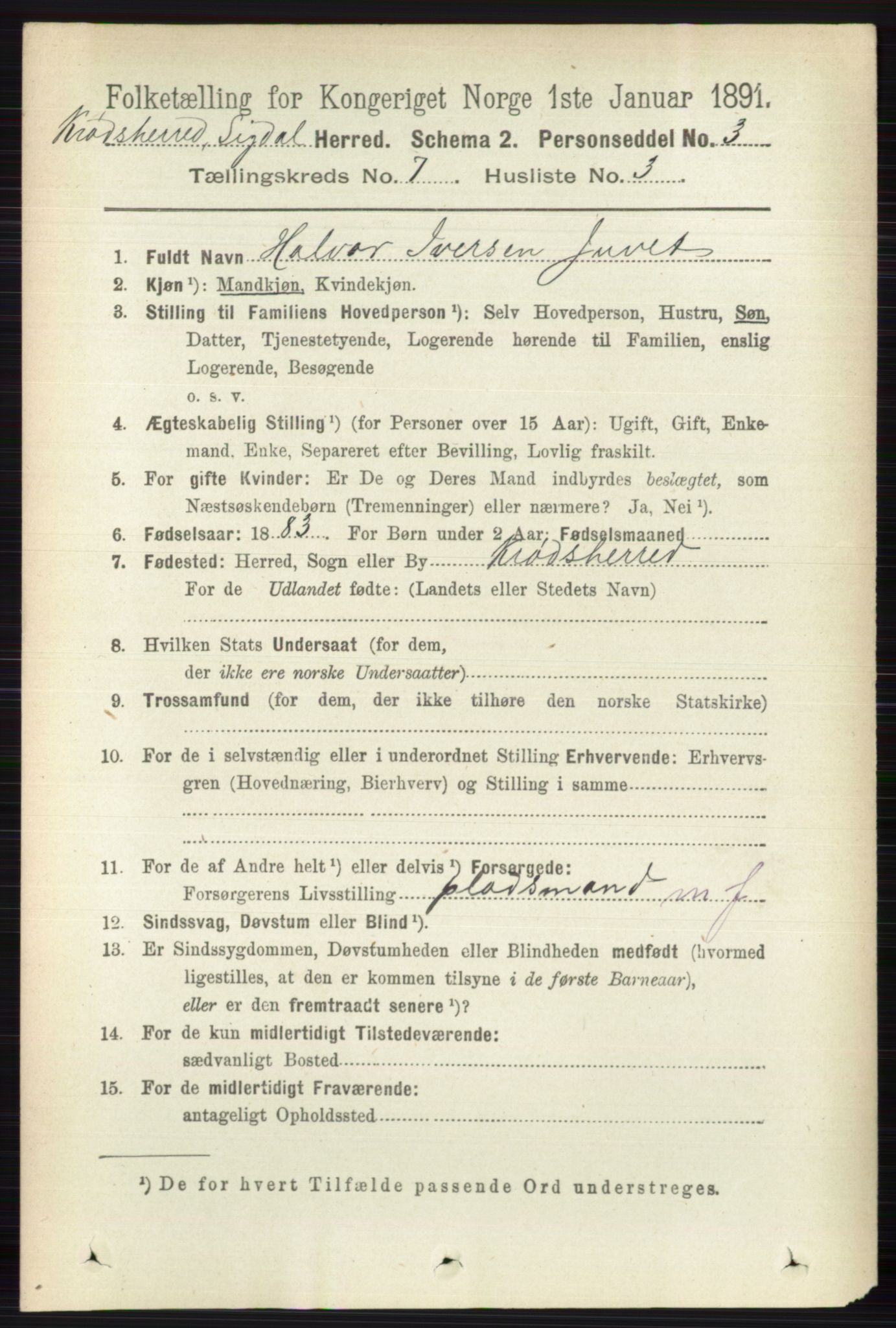 RA, 1891 census for 0621 Sigdal, 1891, p. 7042