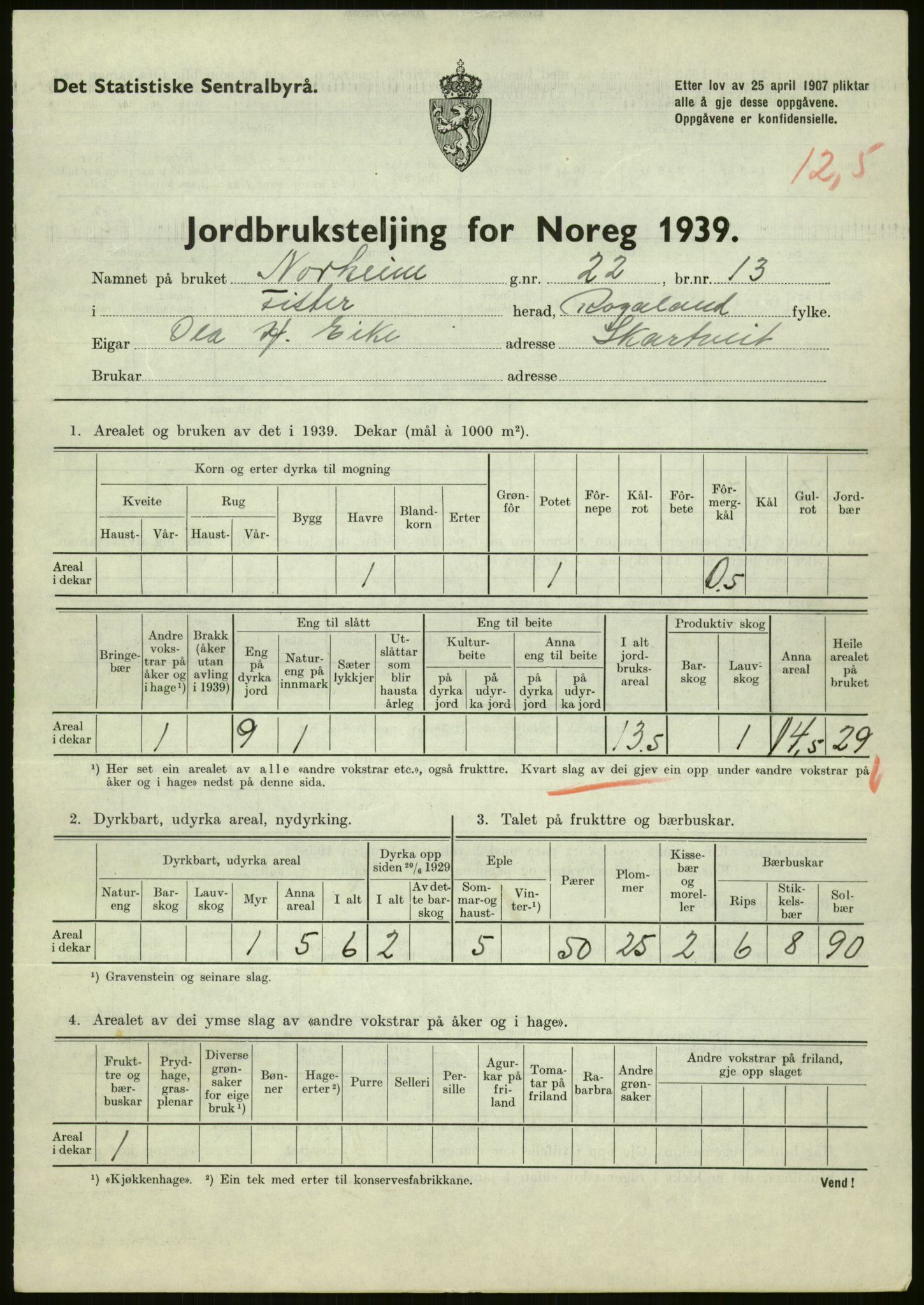 Statistisk sentralbyrå, Næringsøkonomiske emner, Jordbruk, skogbruk, jakt, fiske og fangst, AV/RA-S-2234/G/Gb/L0184: Rogaland: Årdal, Fister og Hjelmeland, 1939, p. 169