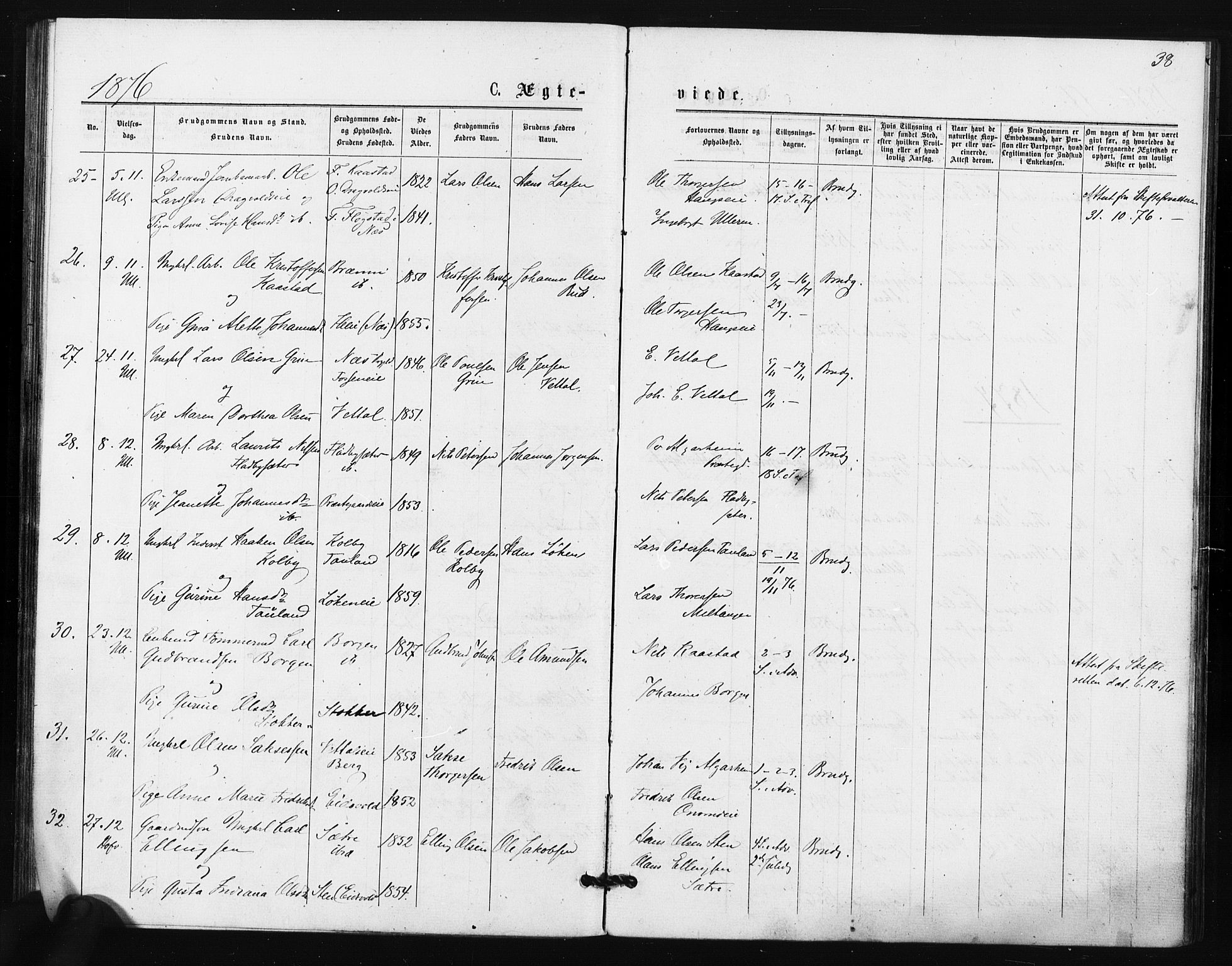 Ullensaker prestekontor Kirkebøker, AV/SAO-A-10236a/F/Fa/L0018: Parish register (official) no. I 18, 1876-1877, p. 38