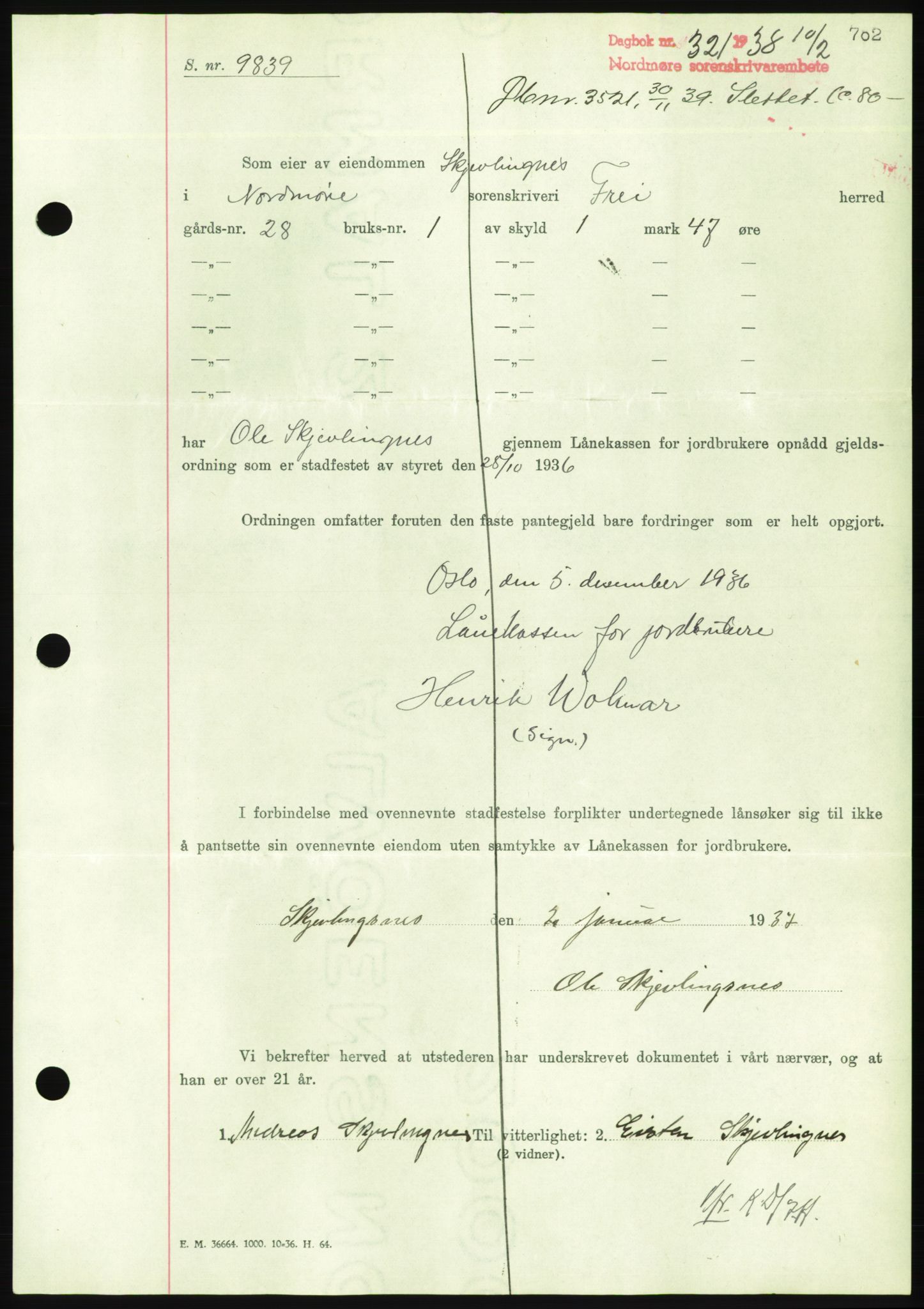 Nordmøre sorenskriveri, AV/SAT-A-4132/1/2/2Ca/L0092: Mortgage book no. B82, 1937-1938, Diary no: : 321/1938