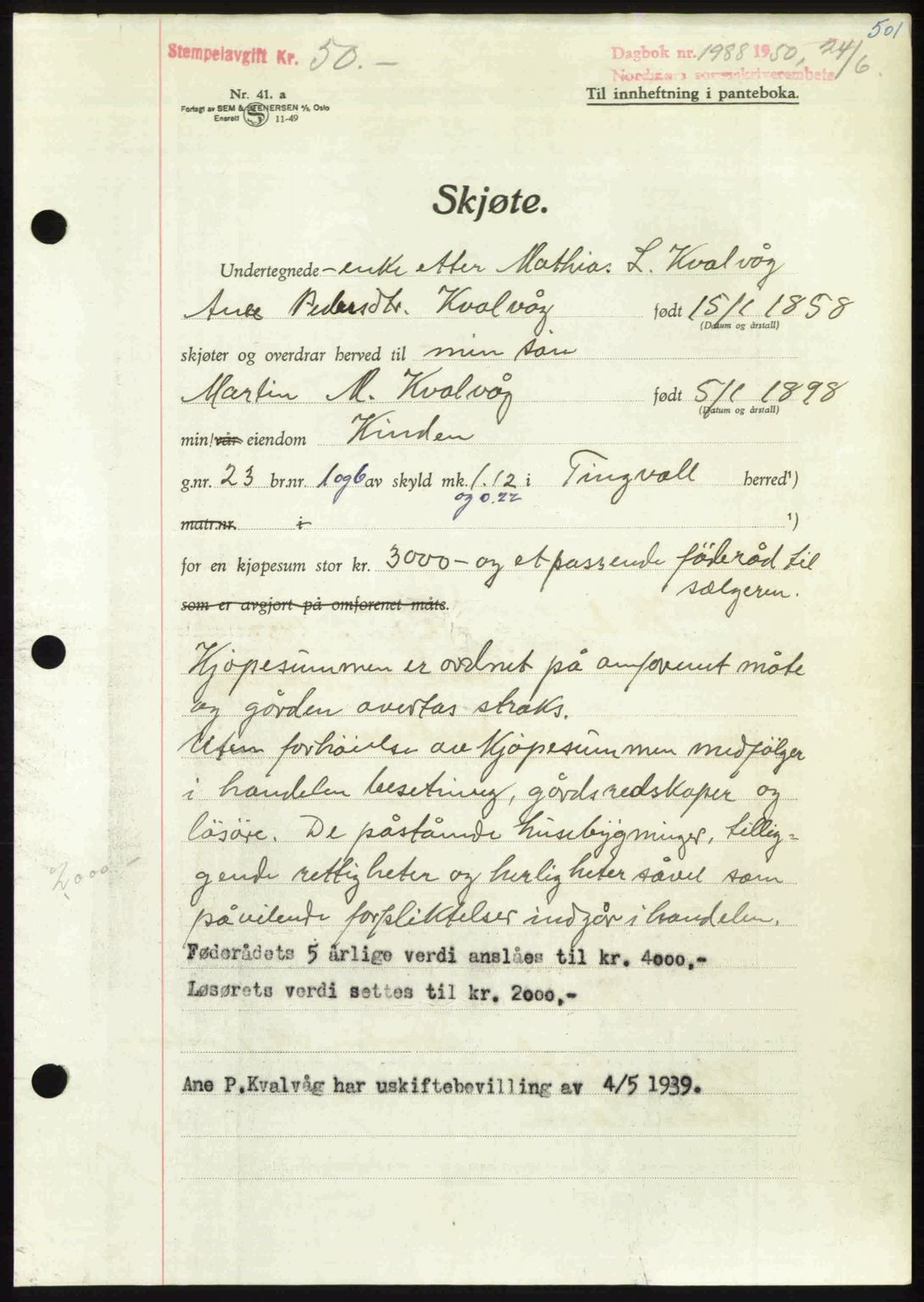 Nordmøre sorenskriveri, AV/SAT-A-4132/1/2/2Ca: Mortgage book no. A115, 1950-1950, Diary no: : 1988/1950