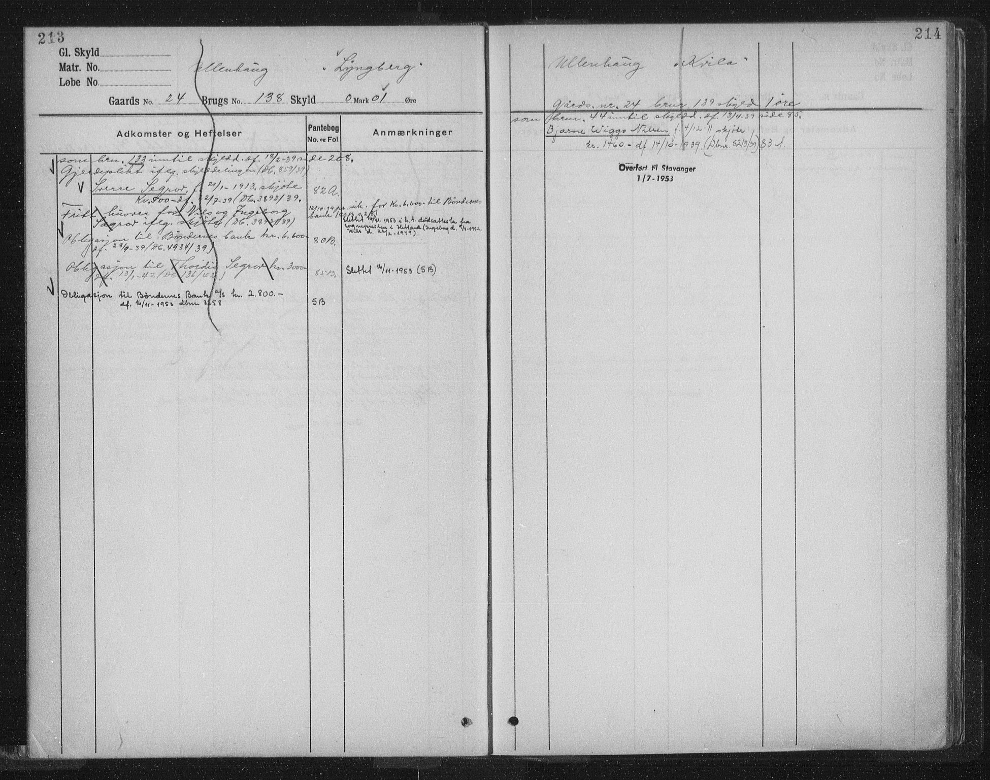 Jæren sorenskriveri, SAST/A-100310/01/4/41/41ABB/L0006: Mortgage register no. 41 ABB6, 1913, p. 213-214