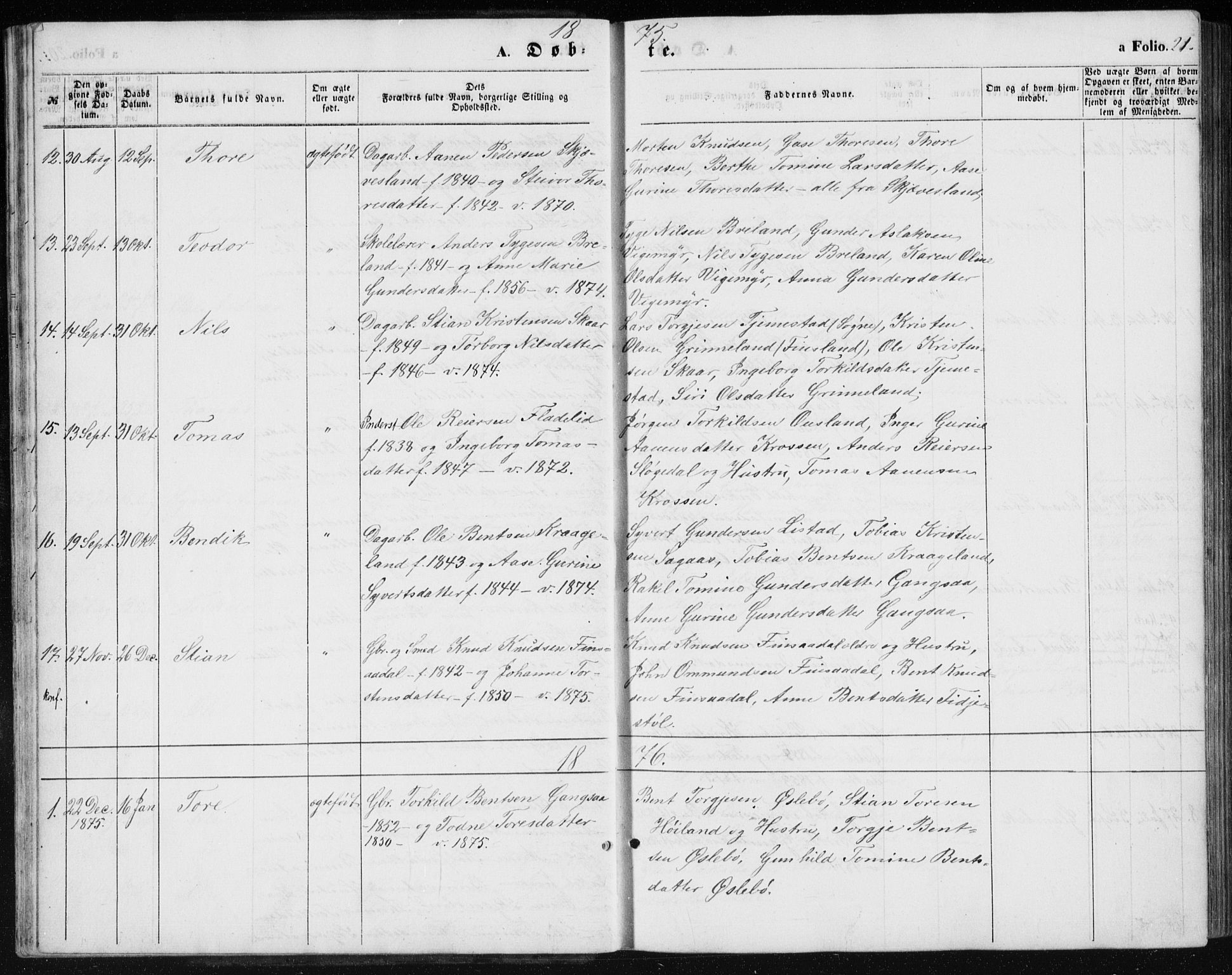 Holum sokneprestkontor, AV/SAK-1111-0022/F/Fb/Fbc/L0002: Parish register (copy) no. B 2, 1860-1882, p. 21