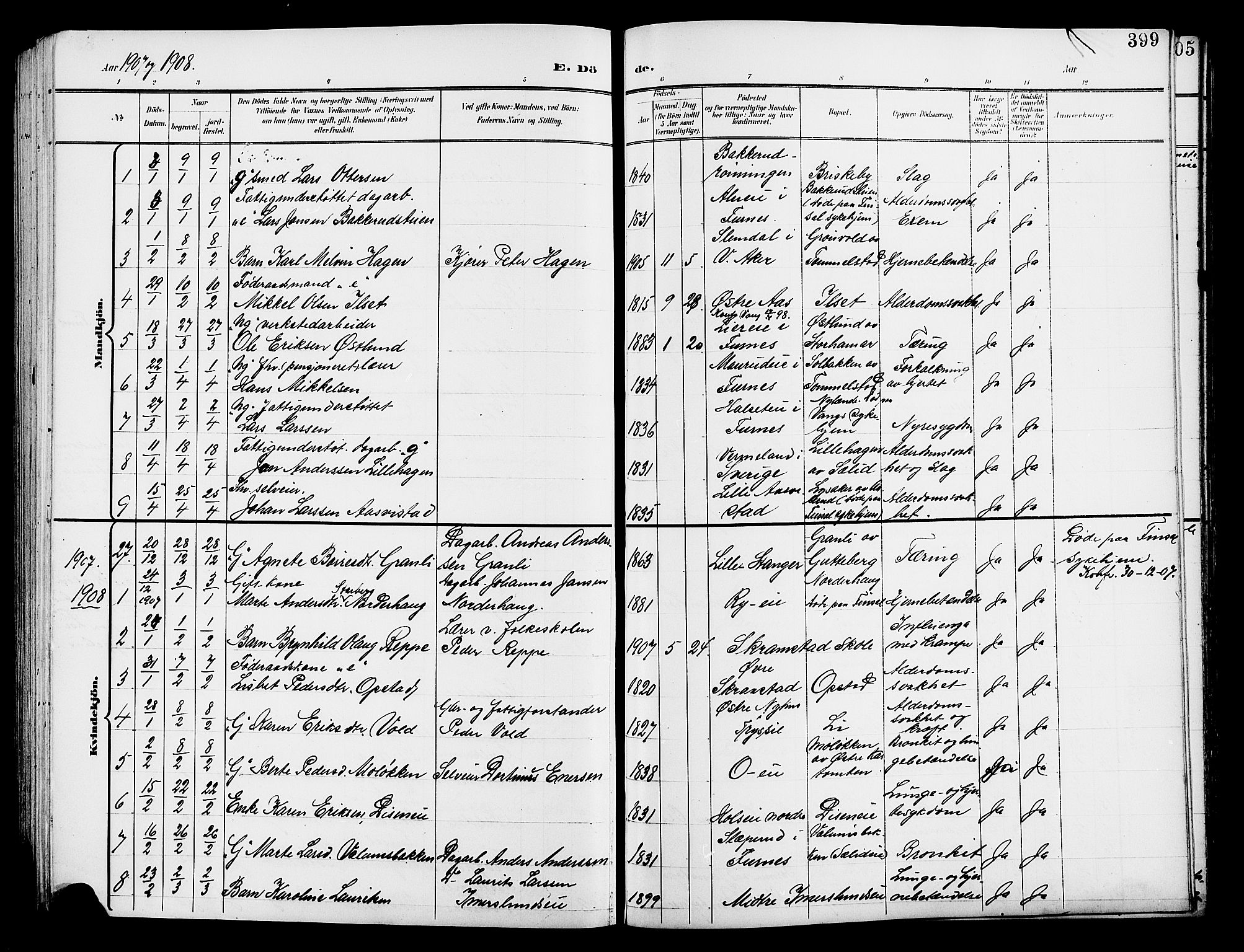Vang prestekontor, Hedmark, SAH/PREST-008/H/Ha/Hab/L0014: Parish register (copy) no. 14, 1896-1914, p. 399
