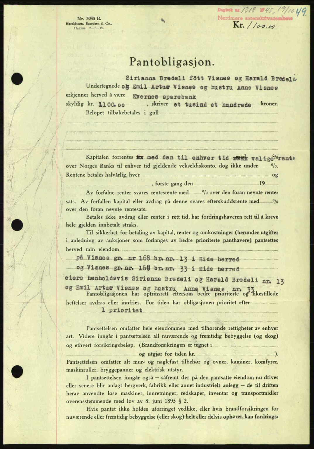 Nordmøre sorenskriveri, AV/SAT-A-4132/1/2/2Ca: Mortgage book no. B93a, 1945-1945, Diary no: : 1318/1945