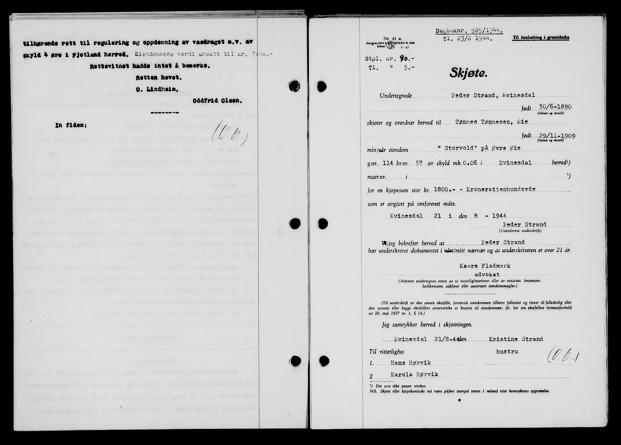 Flekkefjord sorenskriveri, SAK/1221-0001/G/Gb/Gba/L0059: Mortgage book no. A-7, 1944-1945, Diary no: : 585/1944