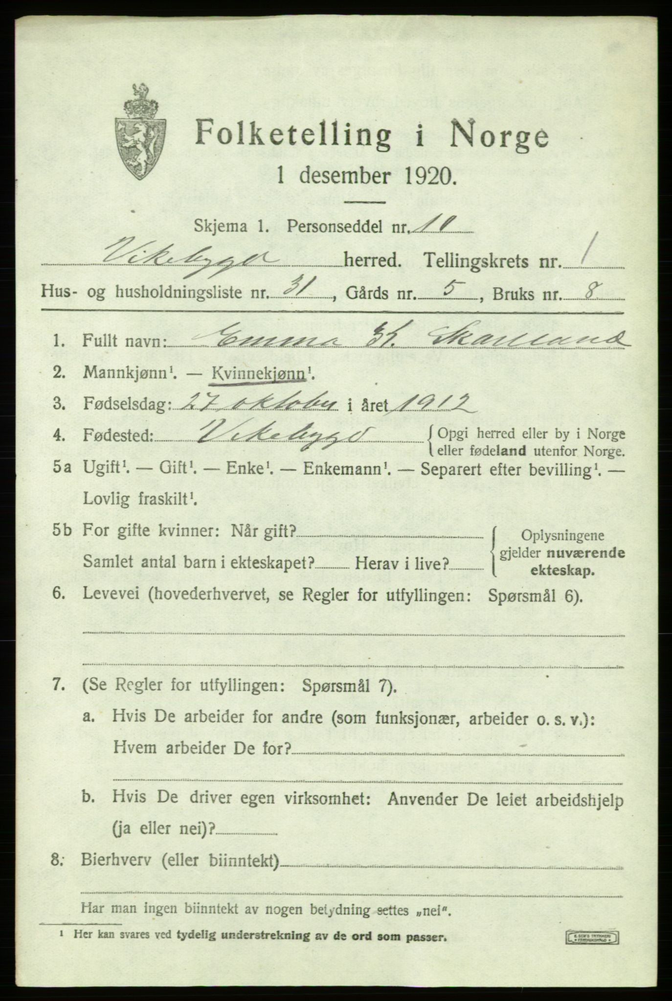 SAB, 1920 census for Vikebygd, 1920, p. 825