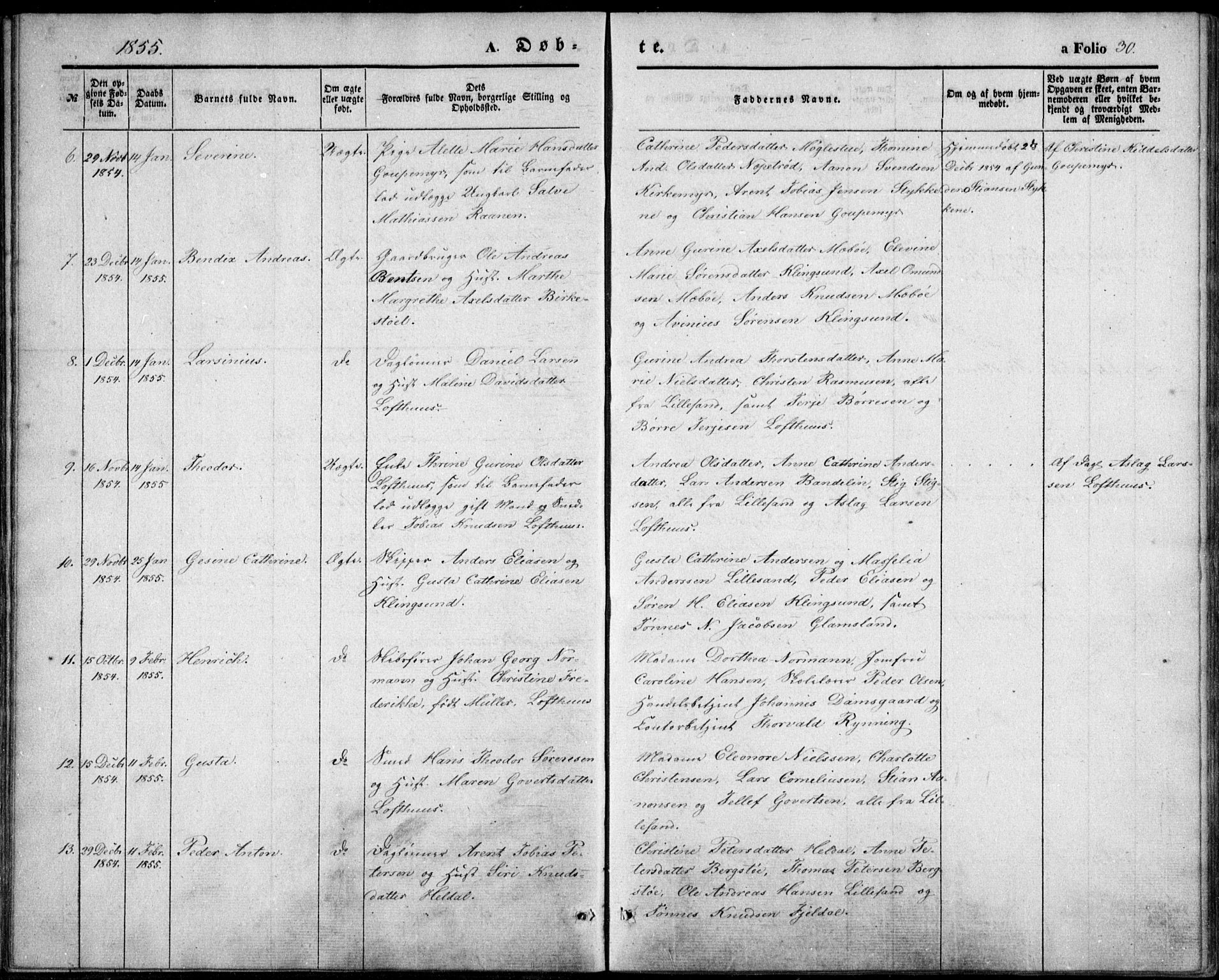 Vestre Moland sokneprestkontor, AV/SAK-1111-0046/F/Fb/Fbb/L0003: Parish register (copy) no. B 3, 1851-1861, p. 30