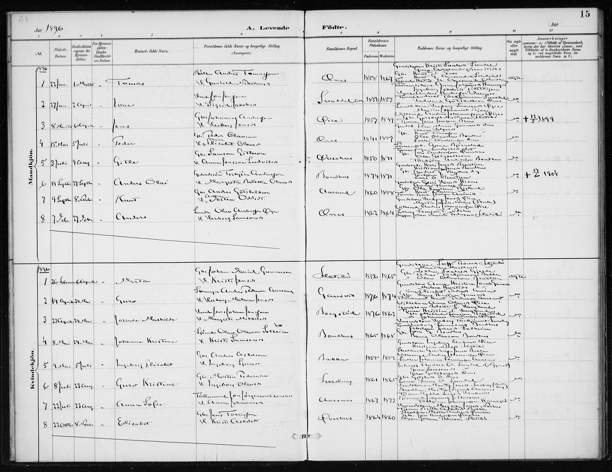 Kvinnherad sokneprestembete, SAB/A-76401/H/Haa: Parish register (official) no. F 1, 1887-1912, p. 15