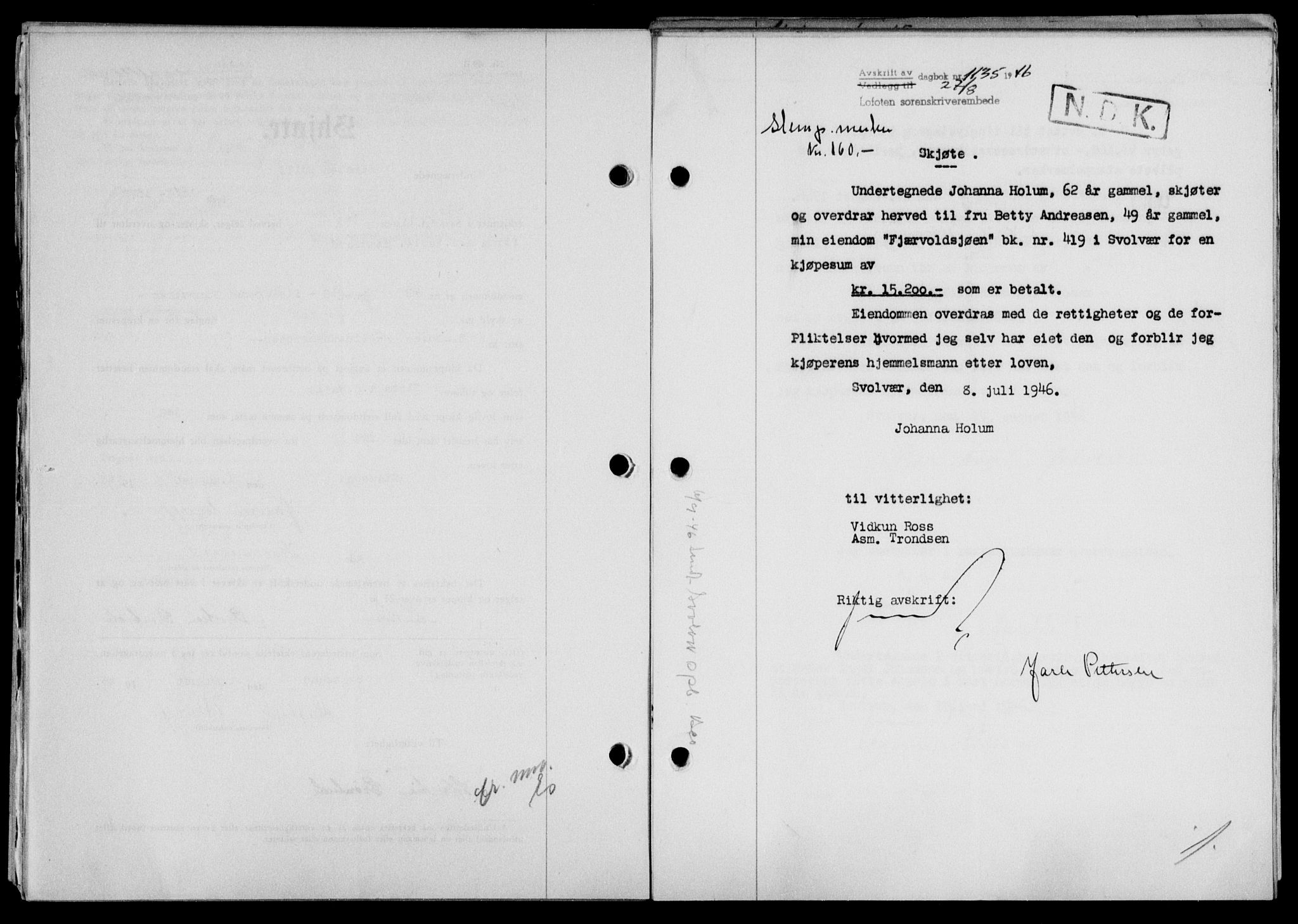 Lofoten sorenskriveri, SAT/A-0017/1/2/2C/L0014a: Mortgage book no. 14a, 1946-1946, Diary no: : 1135/1946
