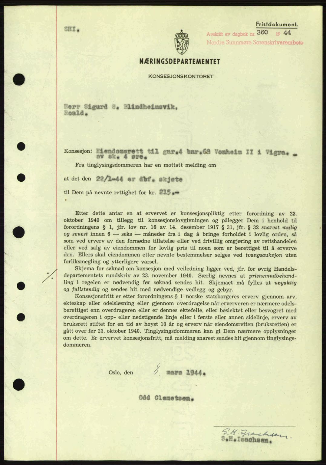Nordre Sunnmøre sorenskriveri, SAT/A-0006/1/2/2C/2Ca: Mortgage book no. B6-14 a, 1942-1945, Diary no: : 360/1944
