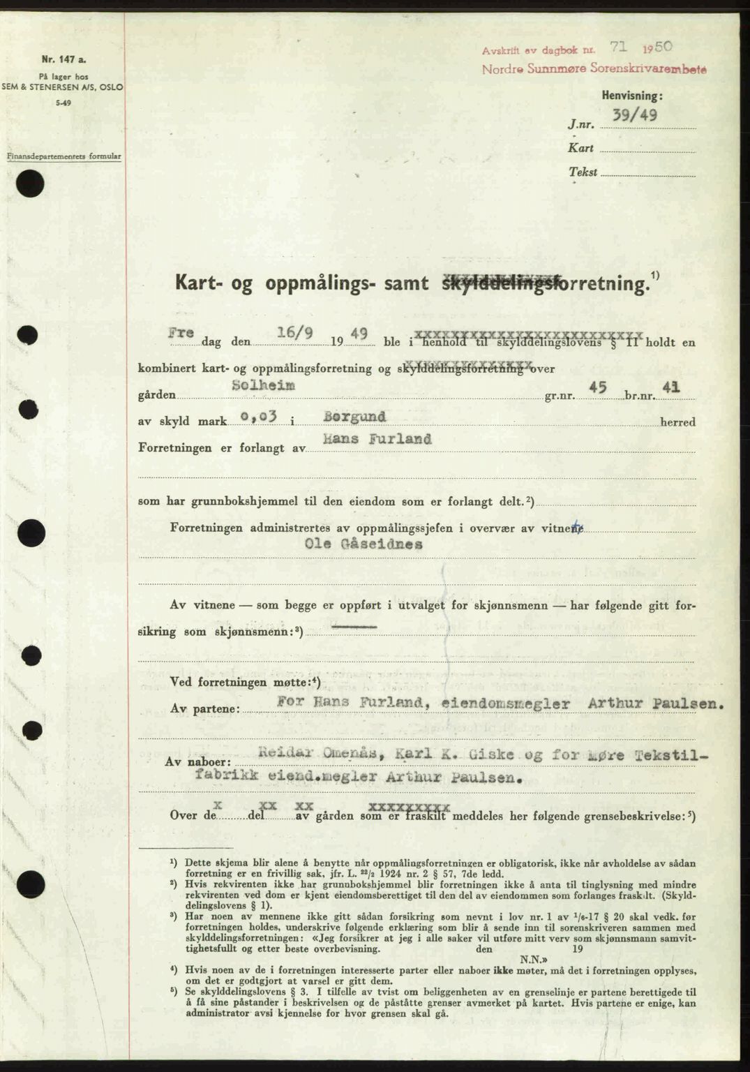 Nordre Sunnmøre sorenskriveri, AV/SAT-A-0006/1/2/2C/2Ca: Mortgage book no. A33, 1949-1950, Diary no: : 71/1950