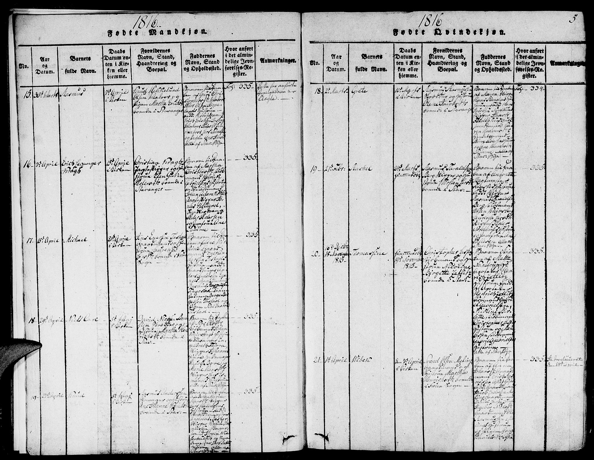 Domkirken sokneprestkontor, AV/SAST-A-101812/001/30/30BA/L0008: Parish register (official) no. A 8, 1816-1821, p. 5