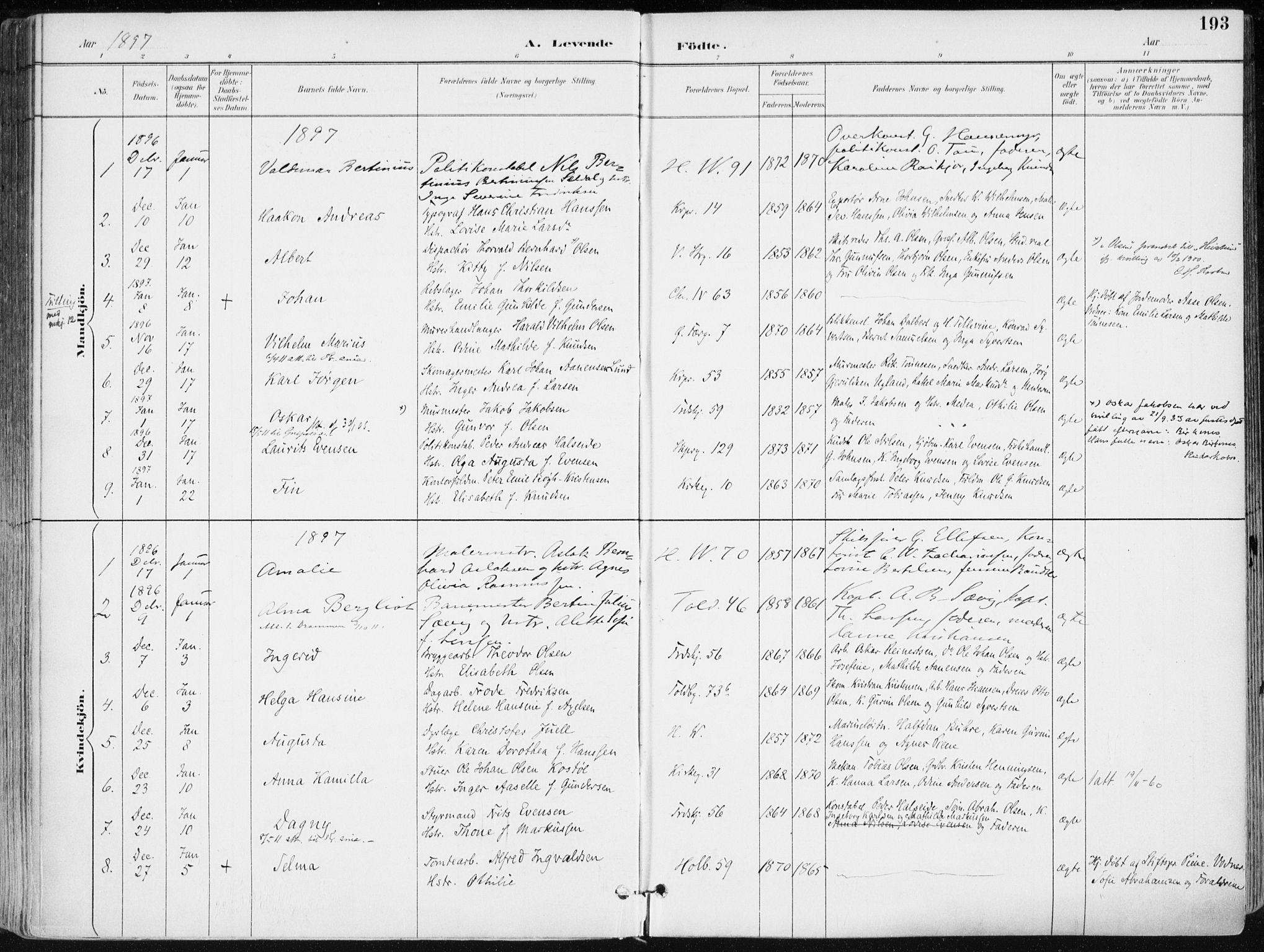 Kristiansand domprosti, SAK/1112-0006/F/Fa/L0019: Parish register (official) no. A 18, 1890-1897, p. 193