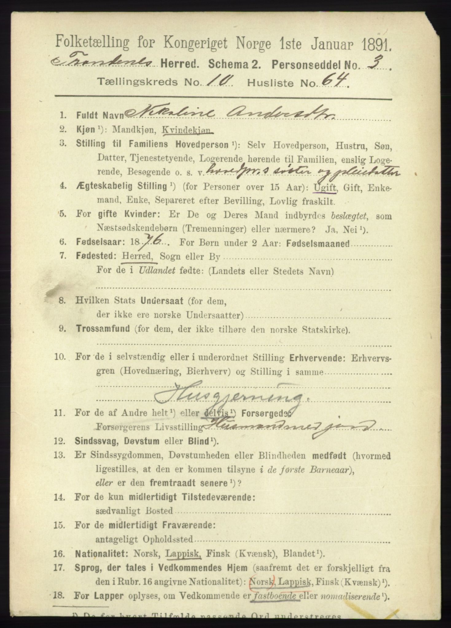 RA, 1891 census for 1914 Trondenes, 1891, p. 7921