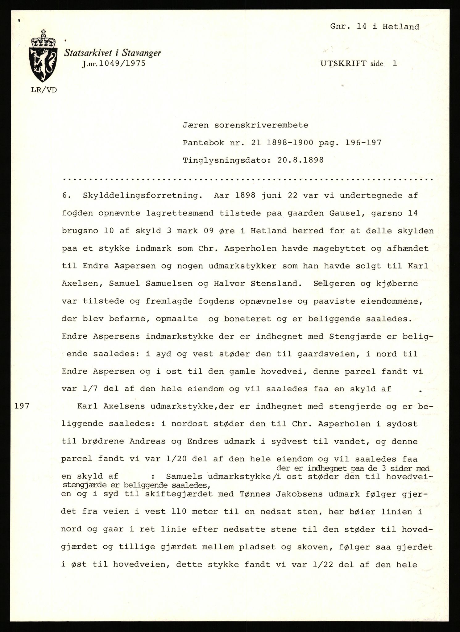 Statsarkivet i Stavanger, AV/SAST-A-101971/03/Y/Yj/L0025: Avskrifter sortert etter gårdsnavn: Garpestad - Gjerde, 1750-1930, p. 153