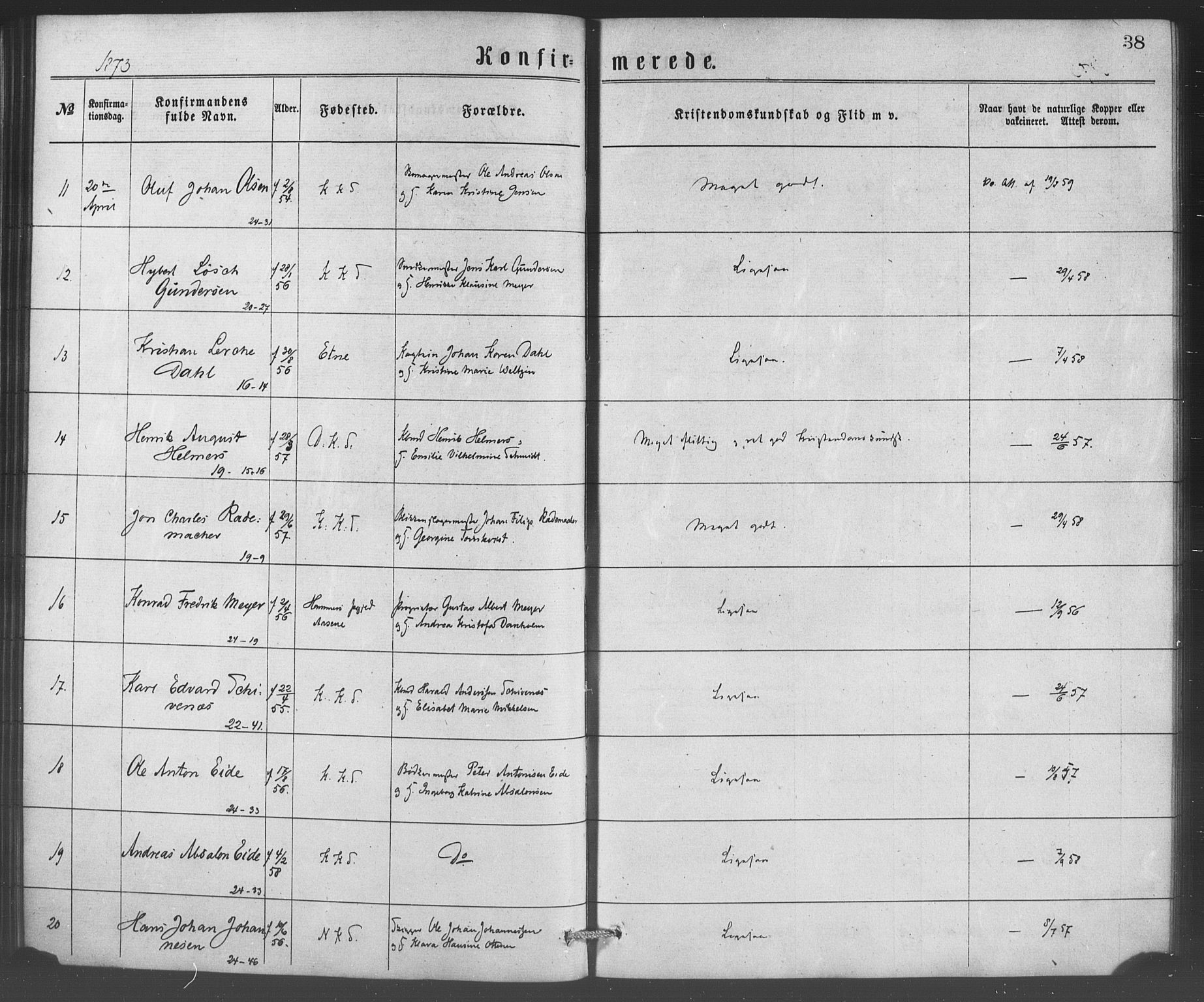 Korskirken sokneprestembete, SAB/A-76101/H/Haa/L0070: Curate's parish register no. A 5, 1869-1885, p. 38