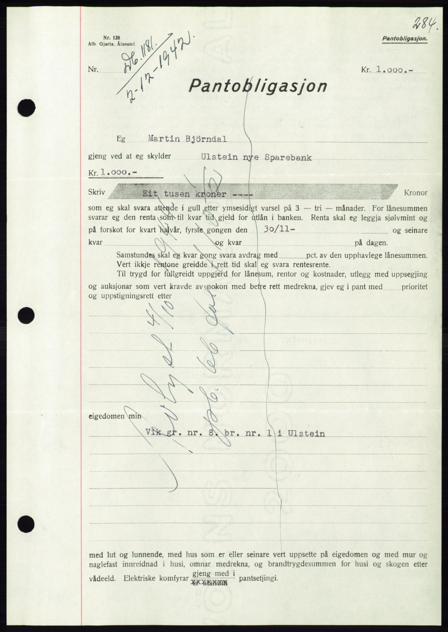 Søre Sunnmøre sorenskriveri, AV/SAT-A-4122/1/2/2C/L0074: Mortgage book no. 68, 1942-1943, Diary no: : 1181/1942