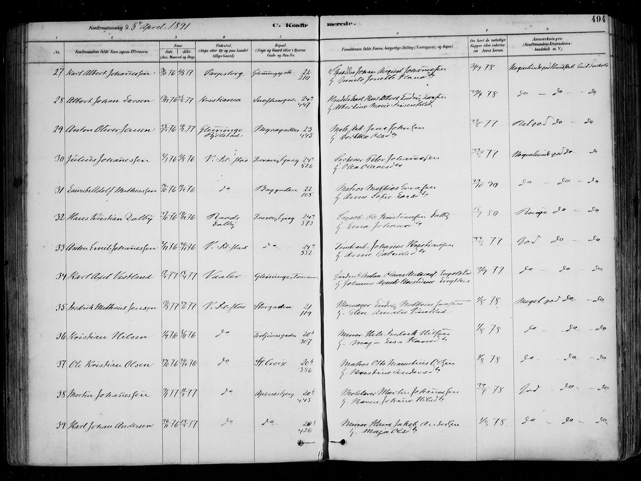 Fredrikstad domkirkes prestekontor Kirkebøker, AV/SAO-A-10906/F/Fa/L0004: Parish register (official) no. 4, 1878-1907, p. 494