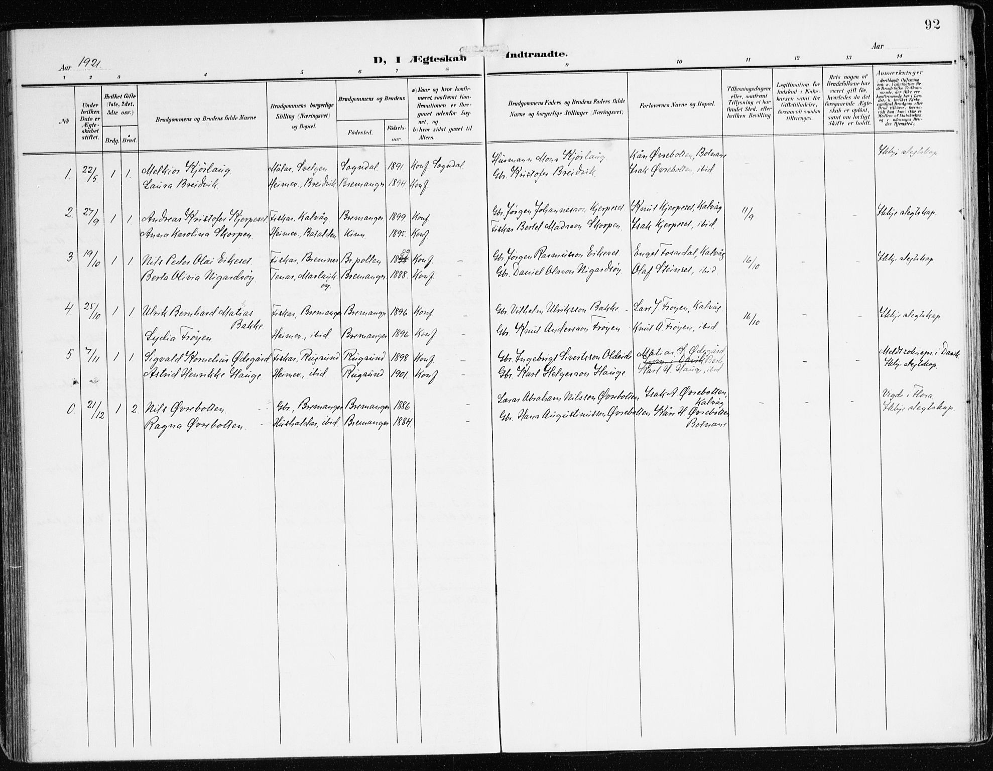 Bremanger sokneprestembete, SAB/A-82201/H/Haa/Haab/L0003: Parish register (official) no. B 3, 1908-1925, p. 92