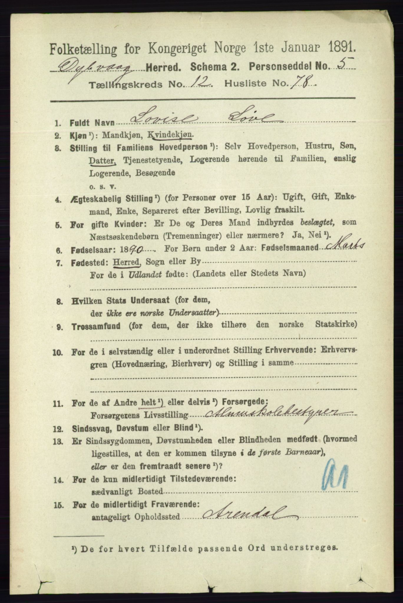 RA, 1891 census for 0915 Dypvåg, 1891, p. 5218