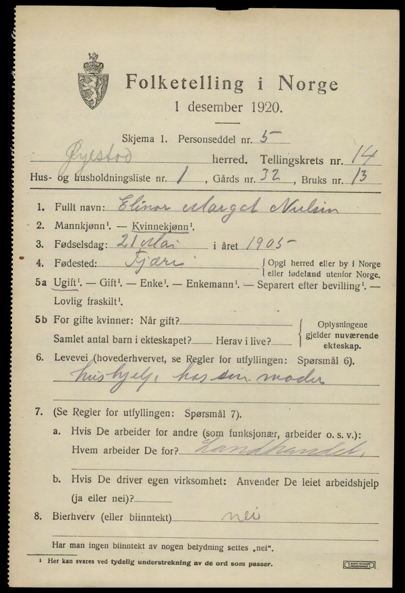 SAK, 1920 census for Øyestad, 1920, p. 9264