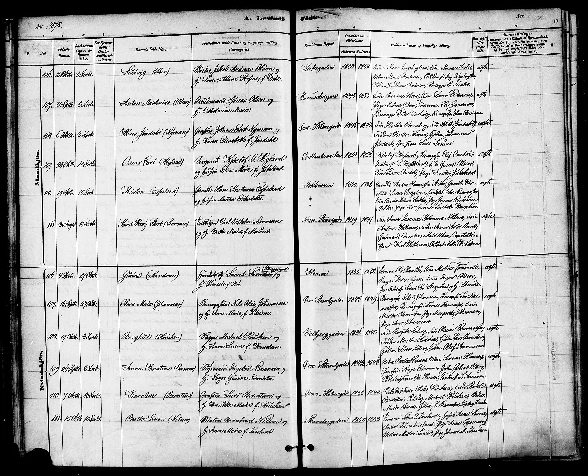 Domkirken sokneprestkontor, AV/SAST-A-101812/001/30/30BA/L0026: Parish register (official) no. A 25, 1878-1889, p. 20