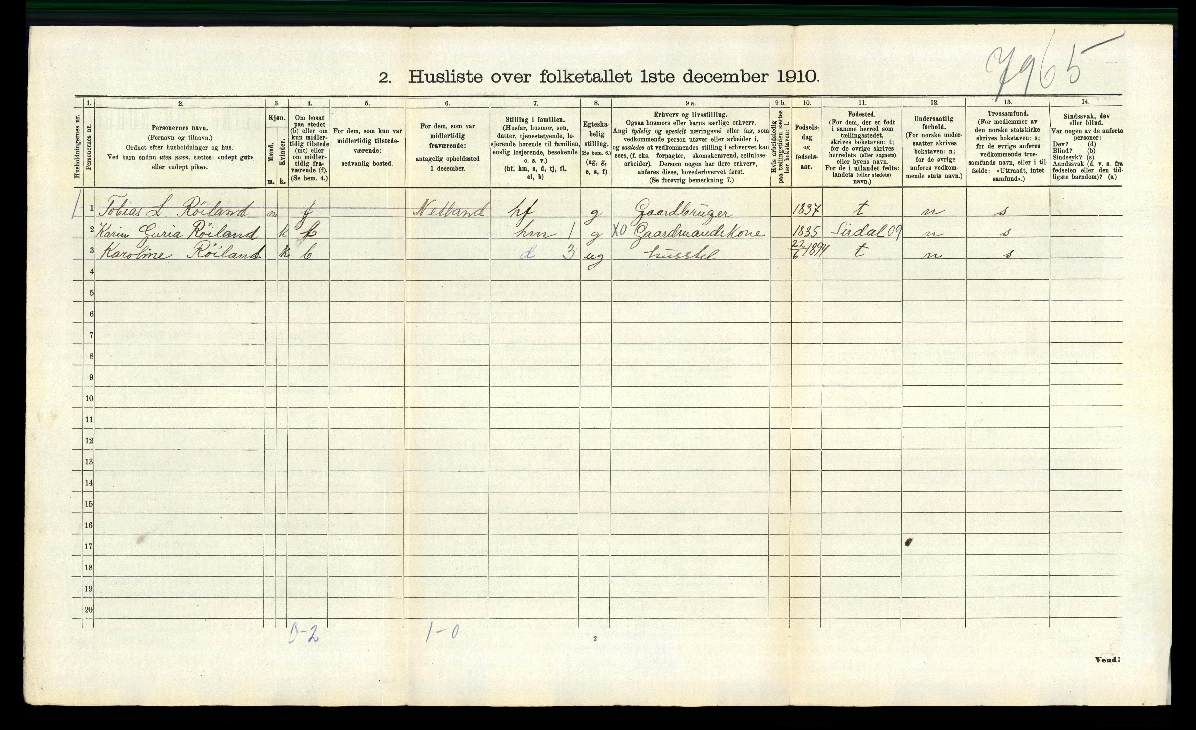 RA, 1910 census for Fjotland, 1910, p. 167