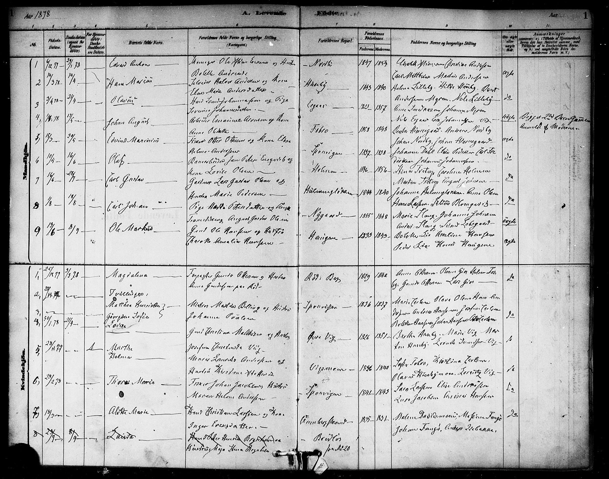 Berg prestekontor Kirkebøker, SAO/A-10902/F/Fa/L0006: Parish register (official) no. I 6, 1878-1887, p. 1