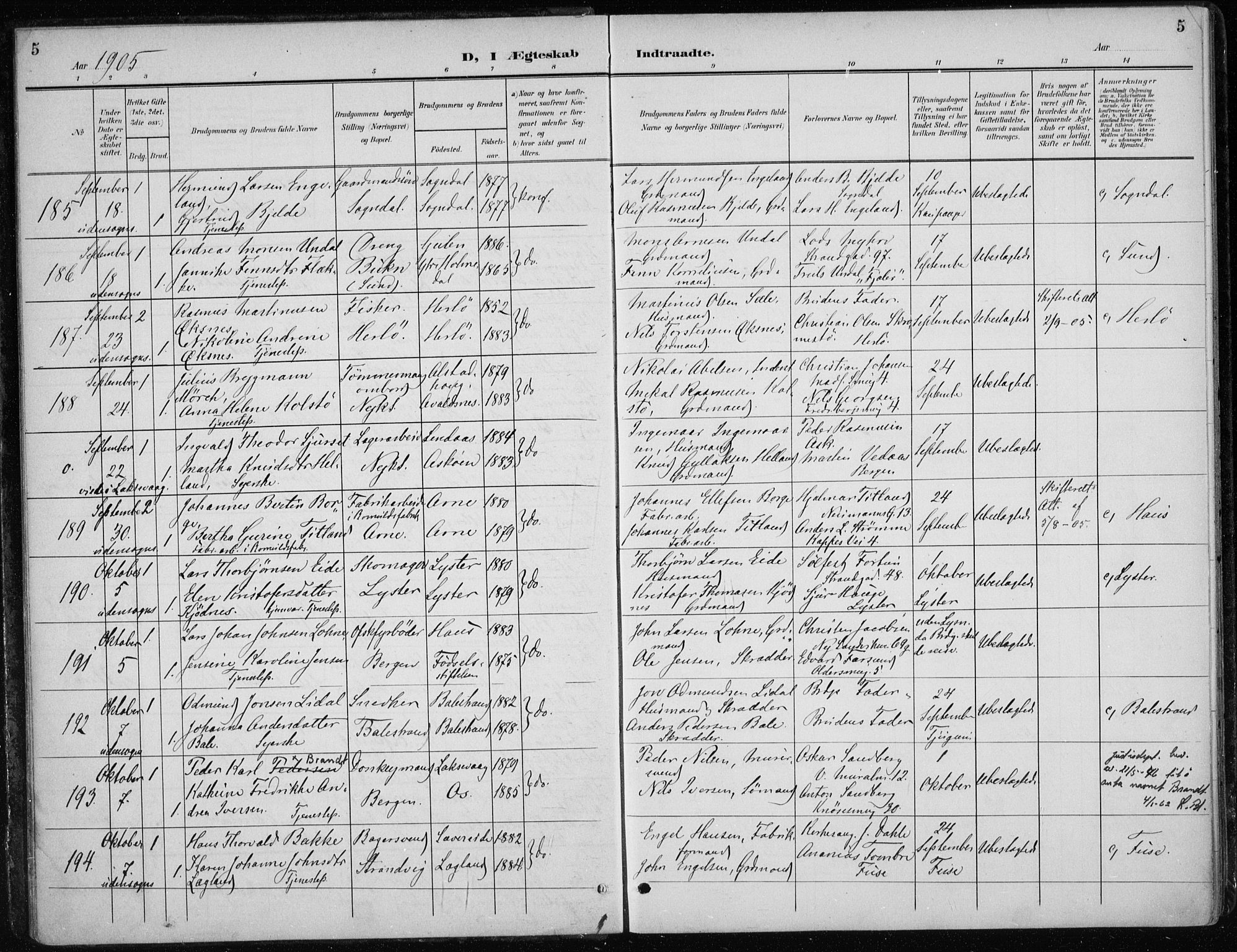 Nykirken Sokneprestembete, AV/SAB-A-77101/H/Haa/L0035: Parish register (official) no. D 5, 1905-1913, p. 5