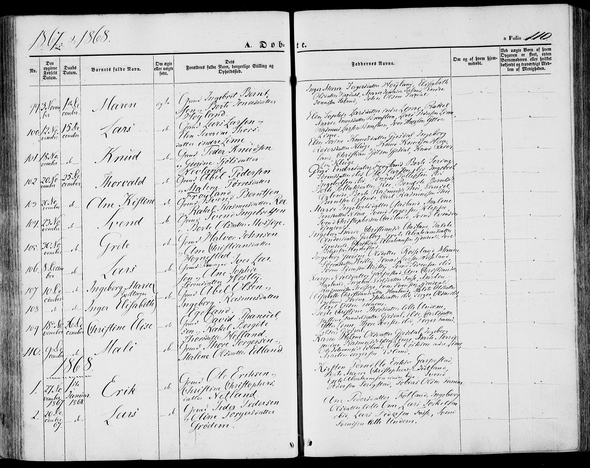 Lye sokneprestkontor, SAST/A-101794/001/30BA/L0007: Parish register (official) no. A 6, 1856-1871, p. 110
