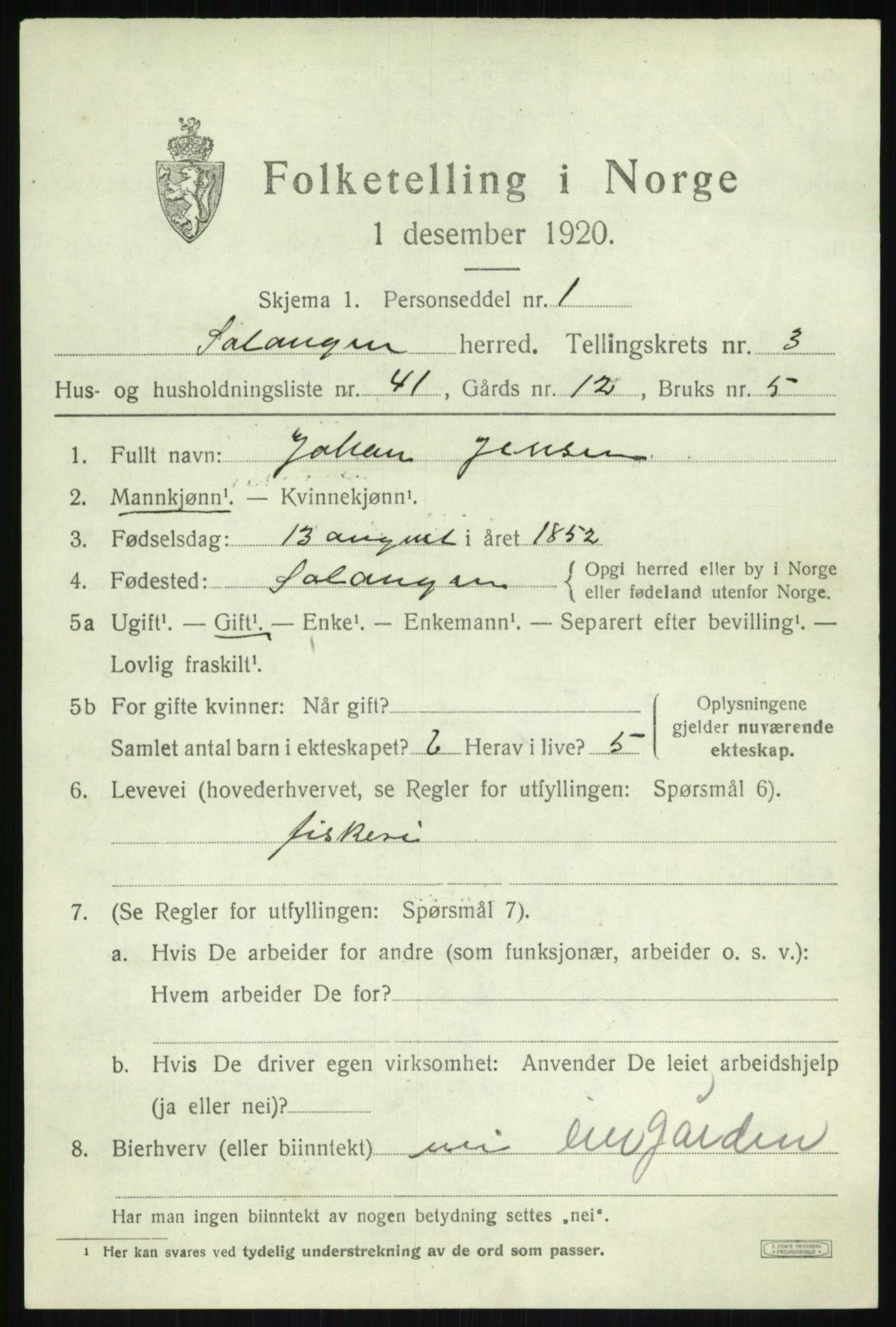 SATØ, 1920 census for Salangen, 1920, p. 2034
