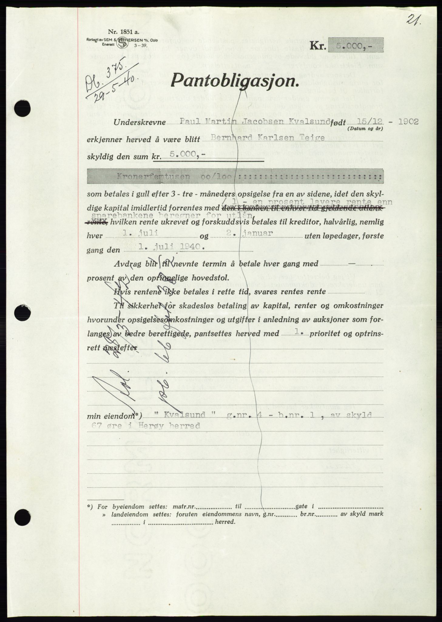 Søre Sunnmøre sorenskriveri, AV/SAT-A-4122/1/2/2C/L0070: Mortgage book no. 64, 1940-1941, Diary no: : 375/1940