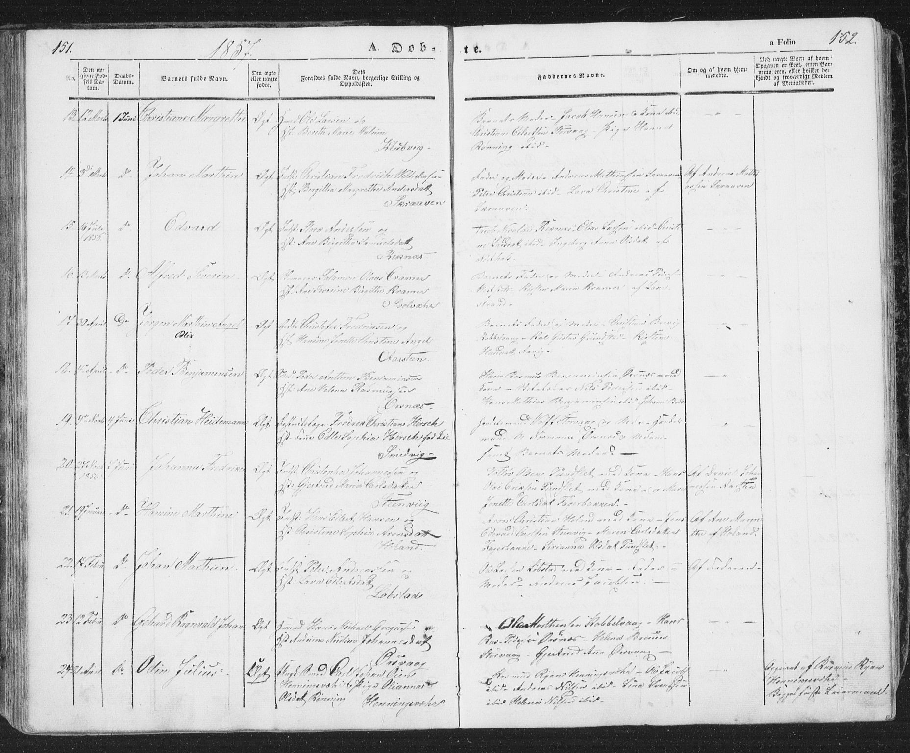 Ministerialprotokoller, klokkerbøker og fødselsregistre - Nordland, AV/SAT-A-1459/874/L1072: Parish register (copy) no. 874C01, 1843-1859, p. 151-152