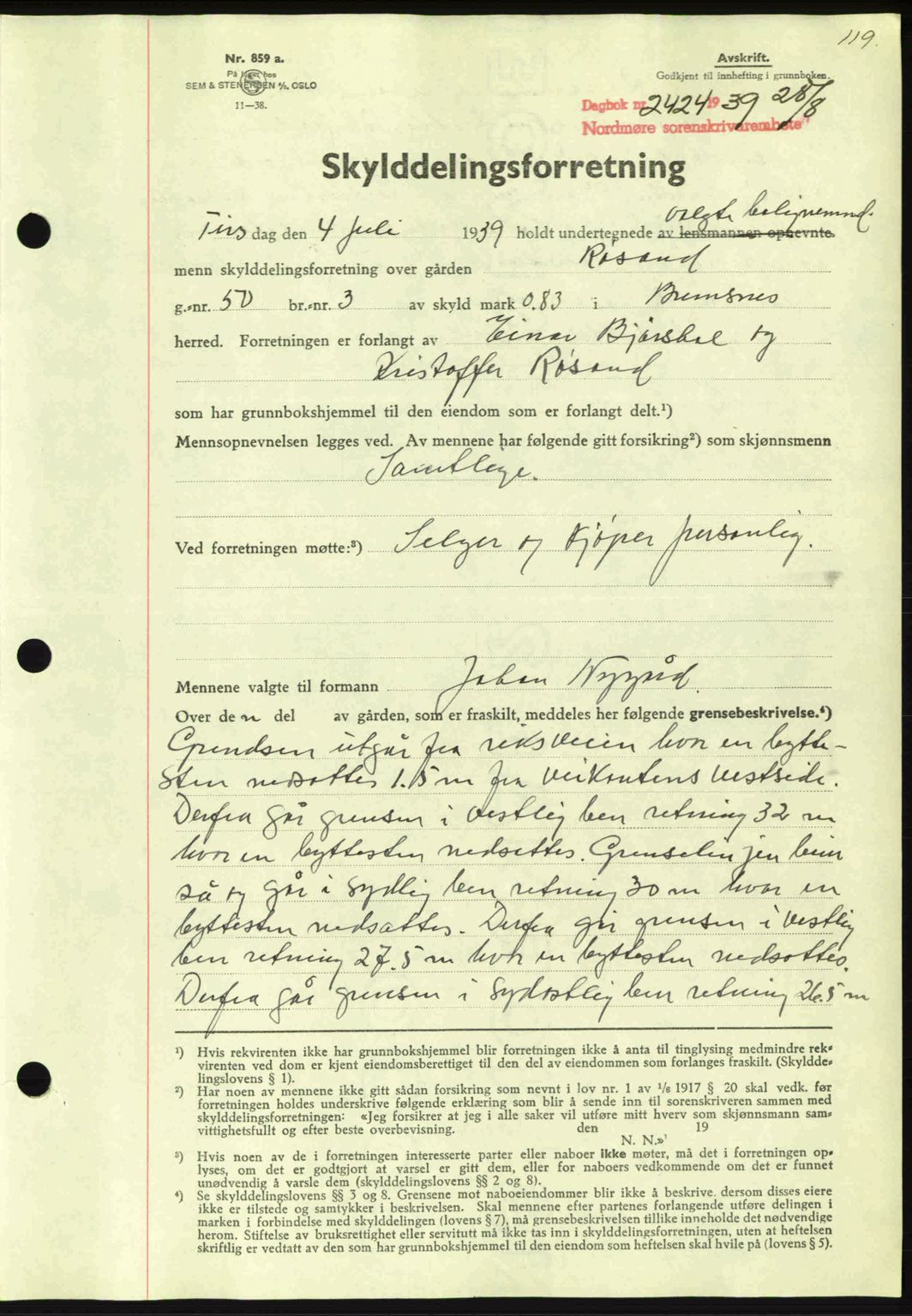 Nordmøre sorenskriveri, AV/SAT-A-4132/1/2/2Ca: Mortgage book no. A87, 1939-1940, Diary no: : 2424/1939