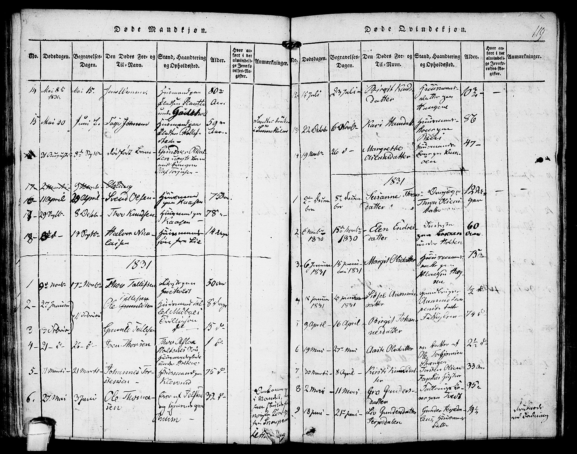 Kviteseid kirkebøker, SAKO/A-276/F/Fa/L0005: Parish register (official) no. I 5, 1815-1836, p. 119