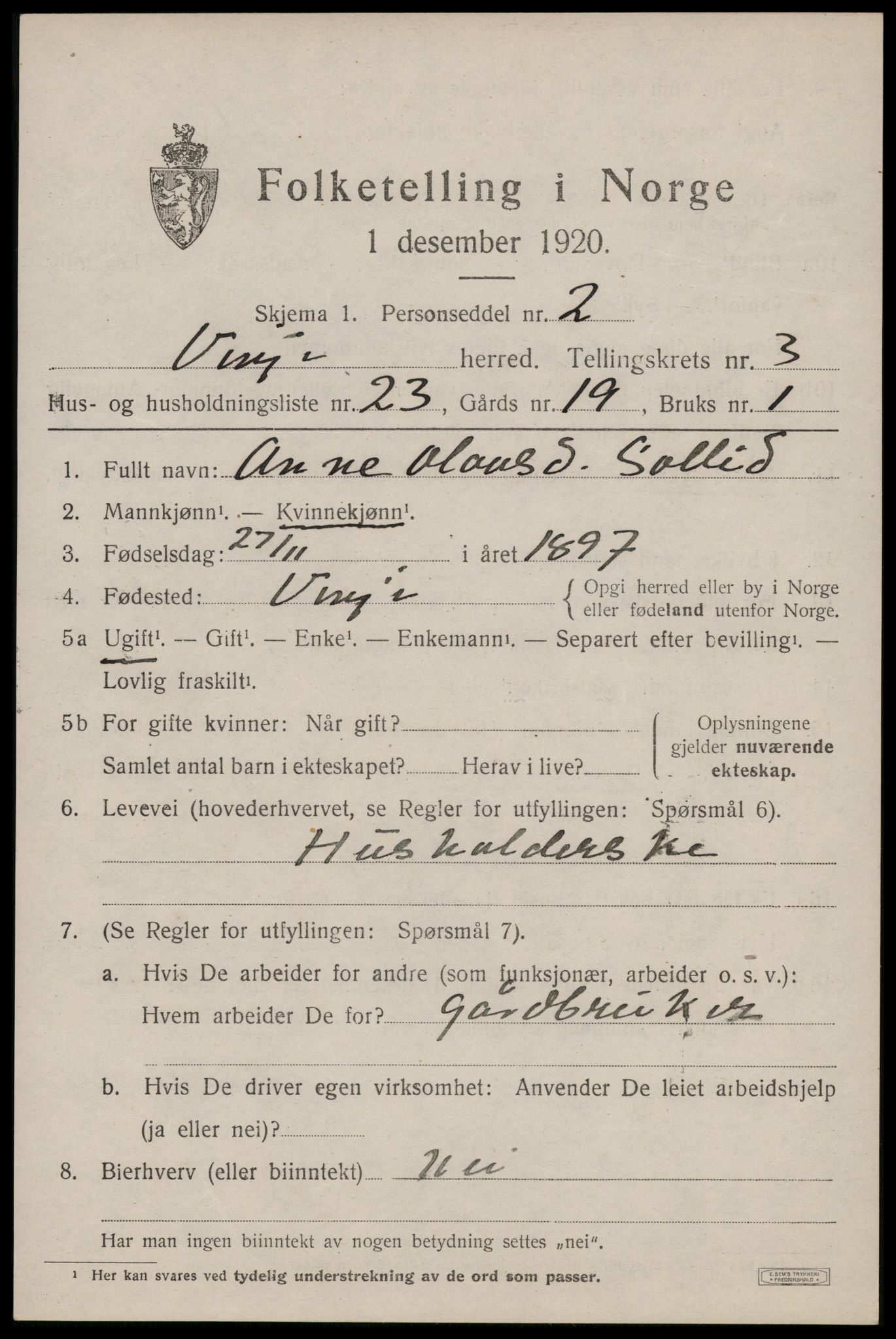 SAKO, 1920 census for Vinje, 1920, p. 1241