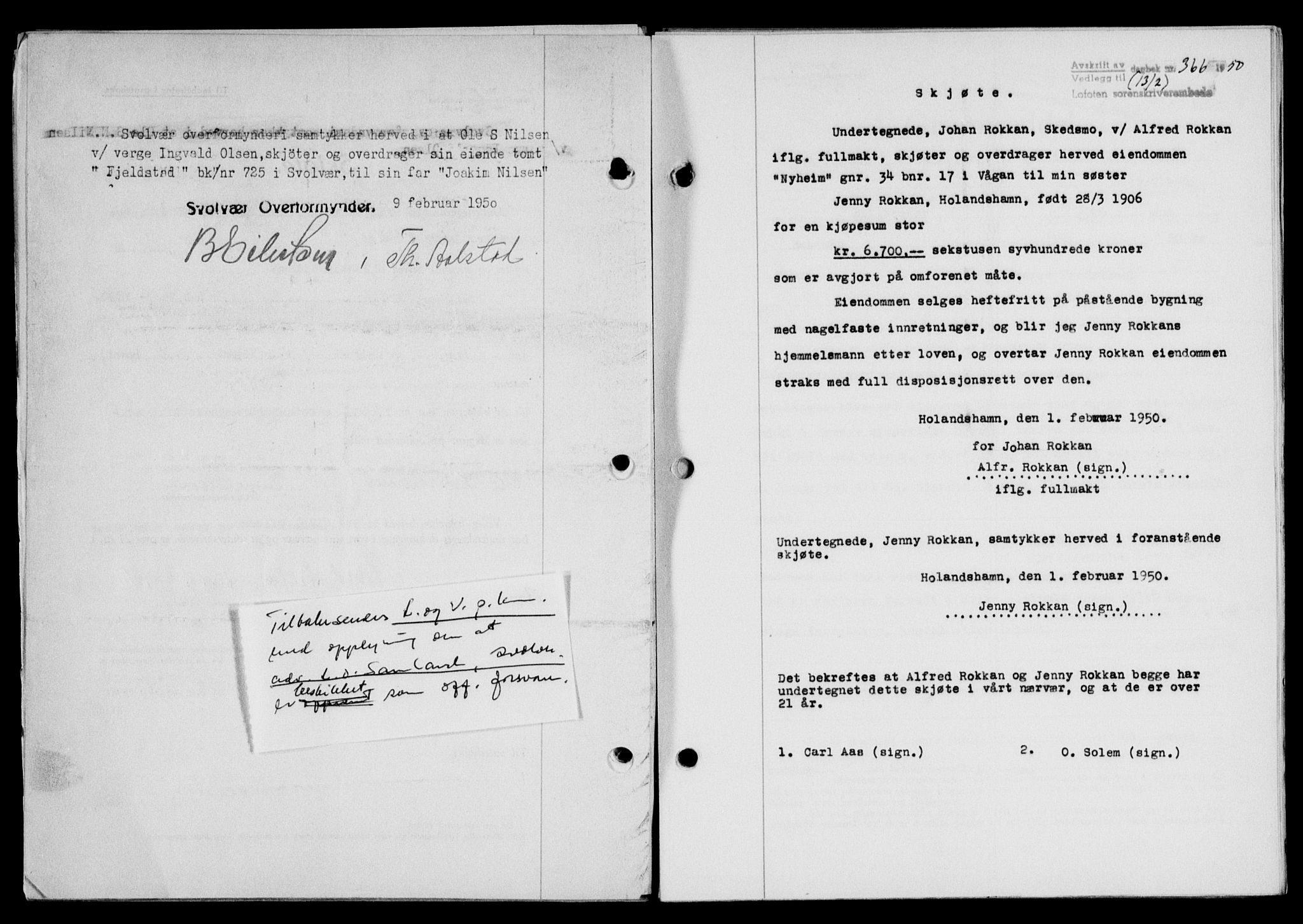 Lofoten sorenskriveri, SAT/A-0017/1/2/2C/L0023a: Mortgage book no. 23a, 1950-1950, Diary no: : 366/1950